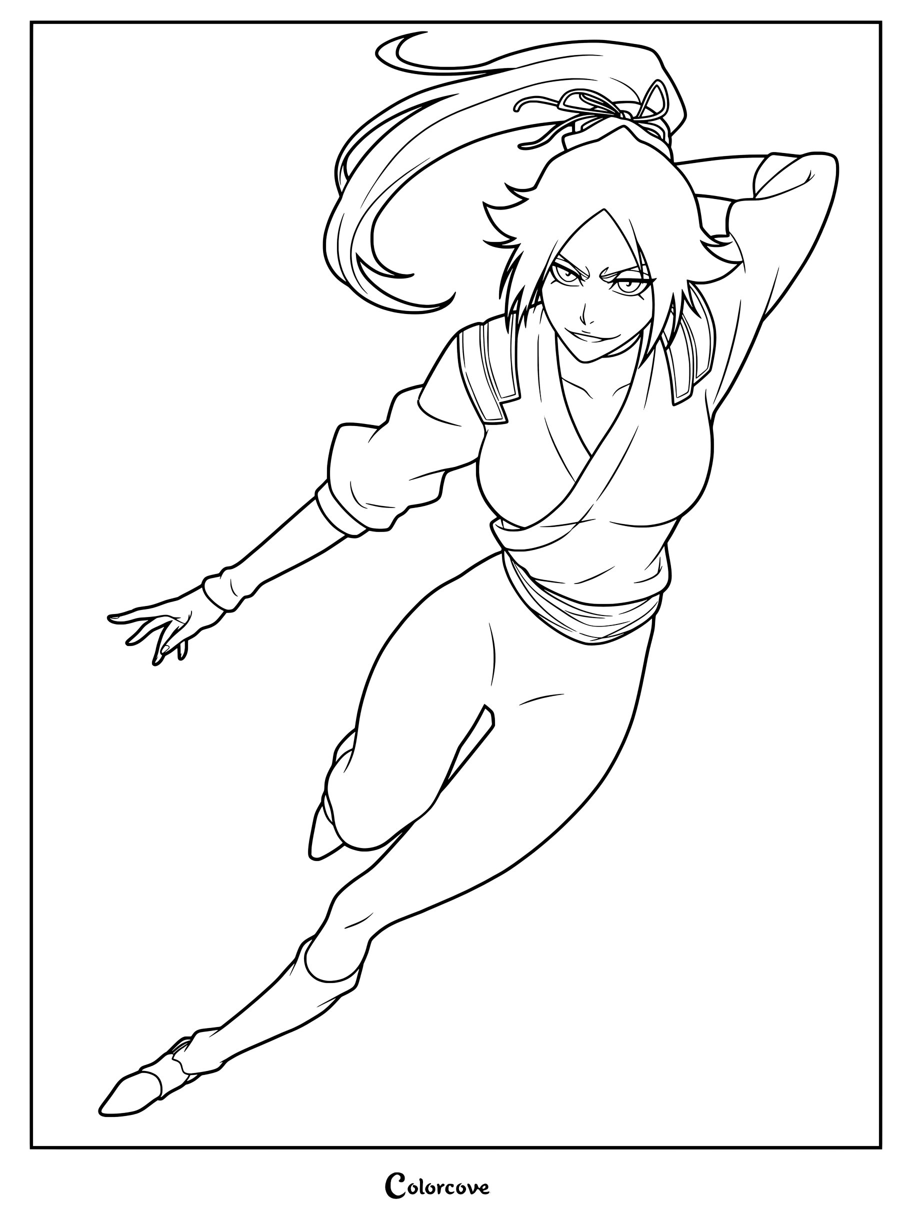 Dibujo para colorear de Yoruichi Shihōin de Bleach en una postura de combate dinámica