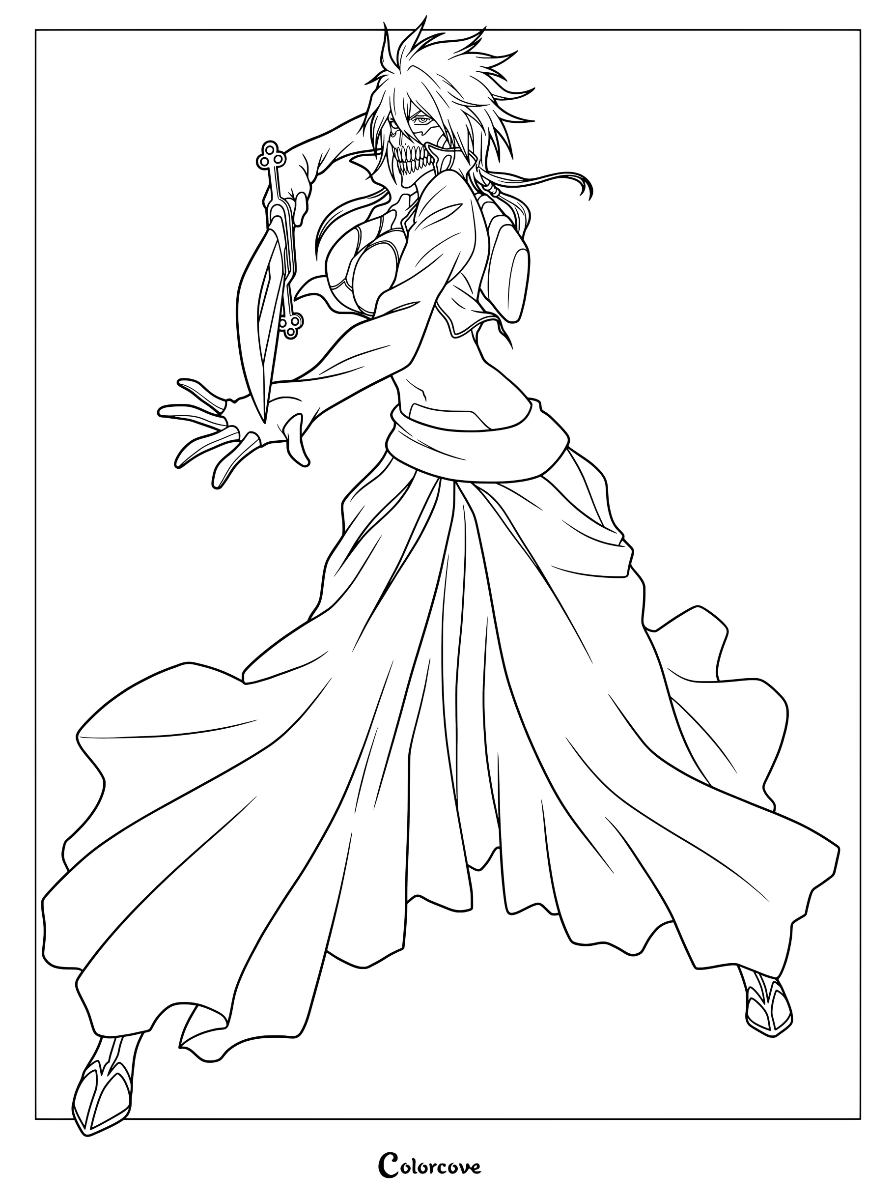 Dibujo para colorear de Tier Harribel de Bleach que muestra a la Tercera Espada con su apariencia de Arrancar desenmascarada blandiendo su espada Hollow.