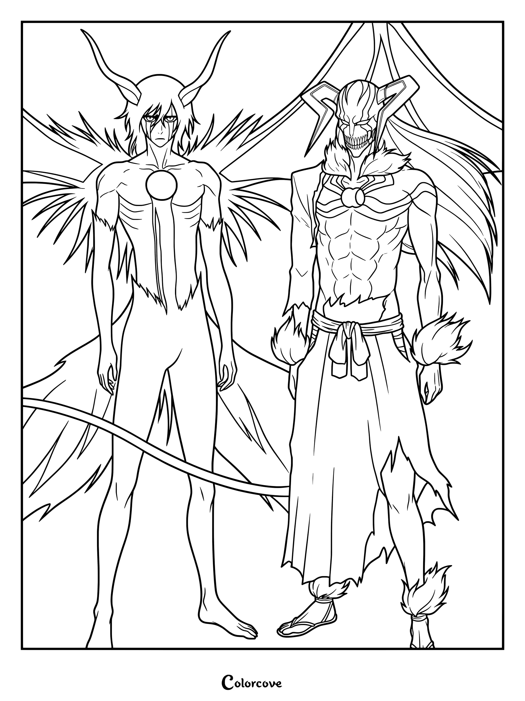 Dibujo para colorear de Ulquiorra Cifer en su forma de Segunda Etapa e Ichigo Kurosaki en forma de Vasto Lorde de Bleach