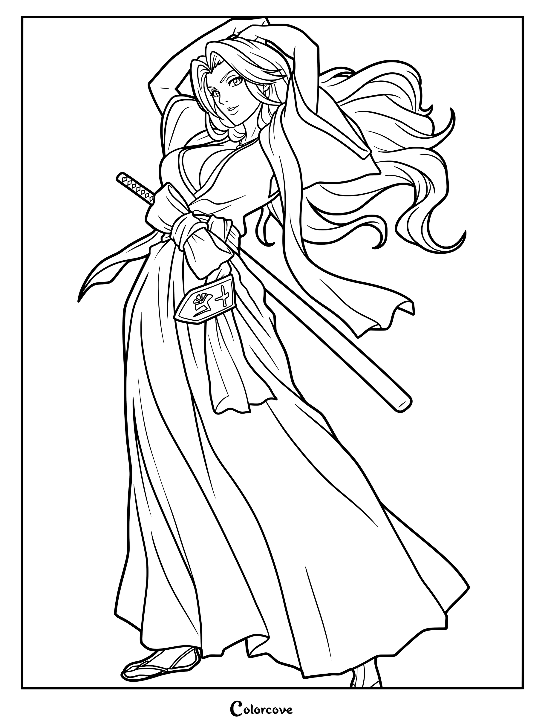 Dibujo para colorear de Rangiku Matsumoto de Bleach con su pelo largo y su espada Zanpakutō.