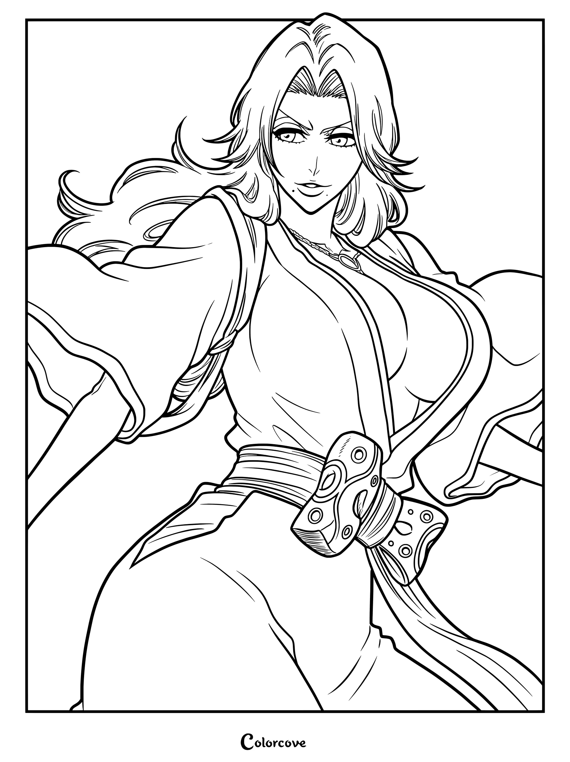 Dibujo para colorear e imprimir de Rangiku Matsumoto de Bleach vestida con su túnica de Shinigami.