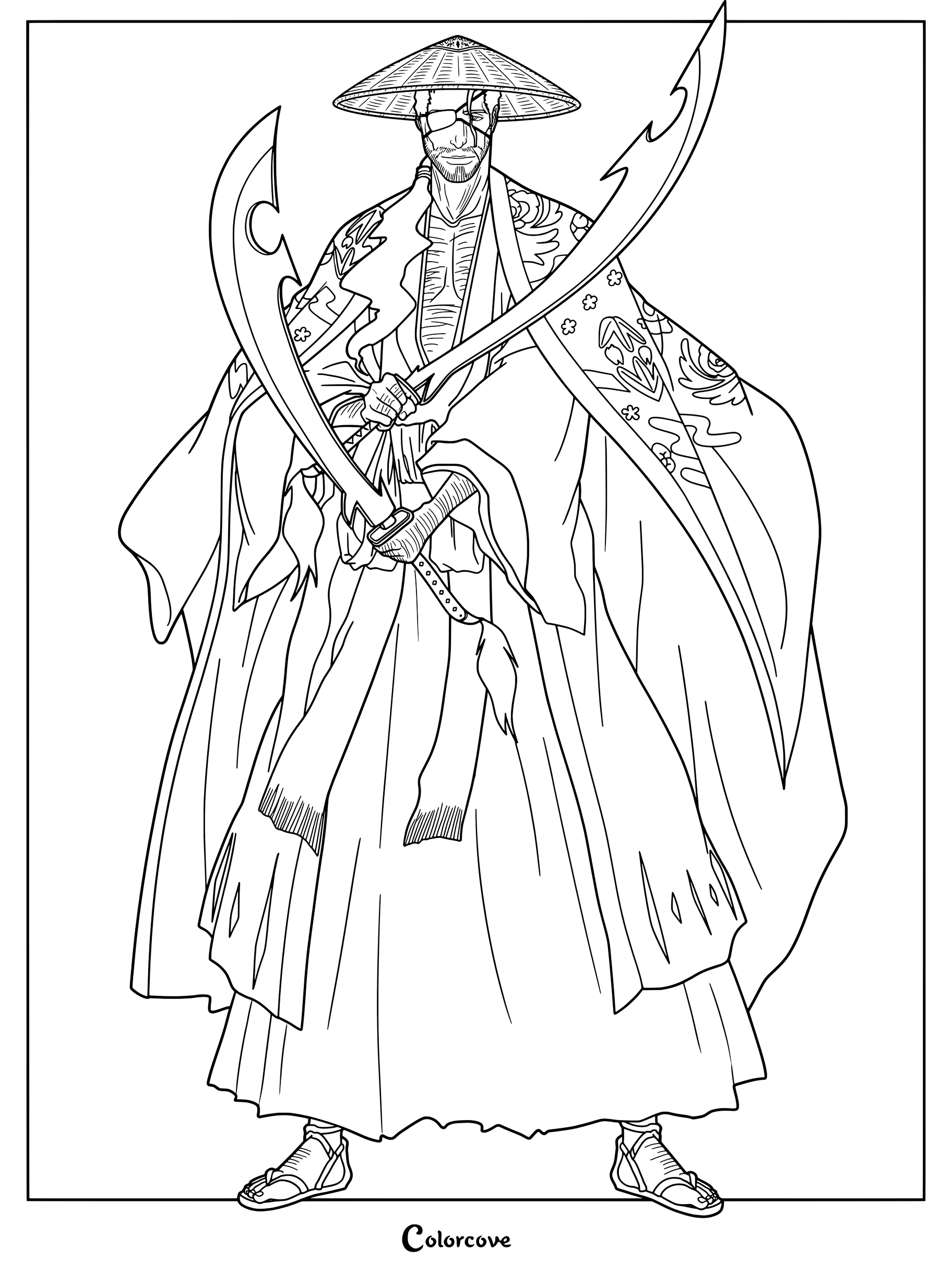 Dibujo para colorear de Shunsui Kyōraku de Bleach luciendo su sombrero de paja y haori de capitán con estampado floral mientras sostiene sus espadas dobles.