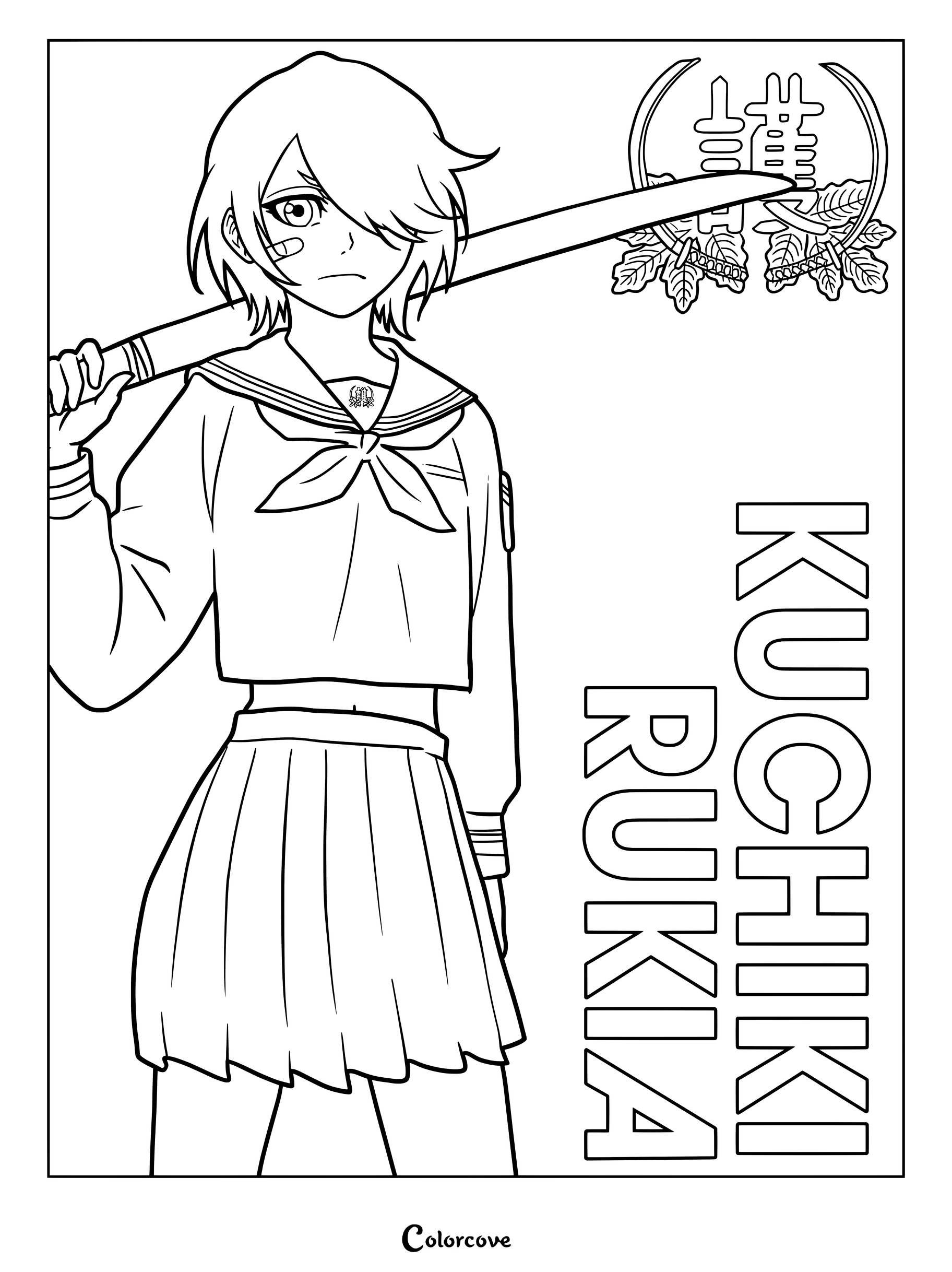 Dibujo para colorear de Rukia Kuchiki de Bleach The High School Warfare con su uniforme escolar sosteniendo una espada.