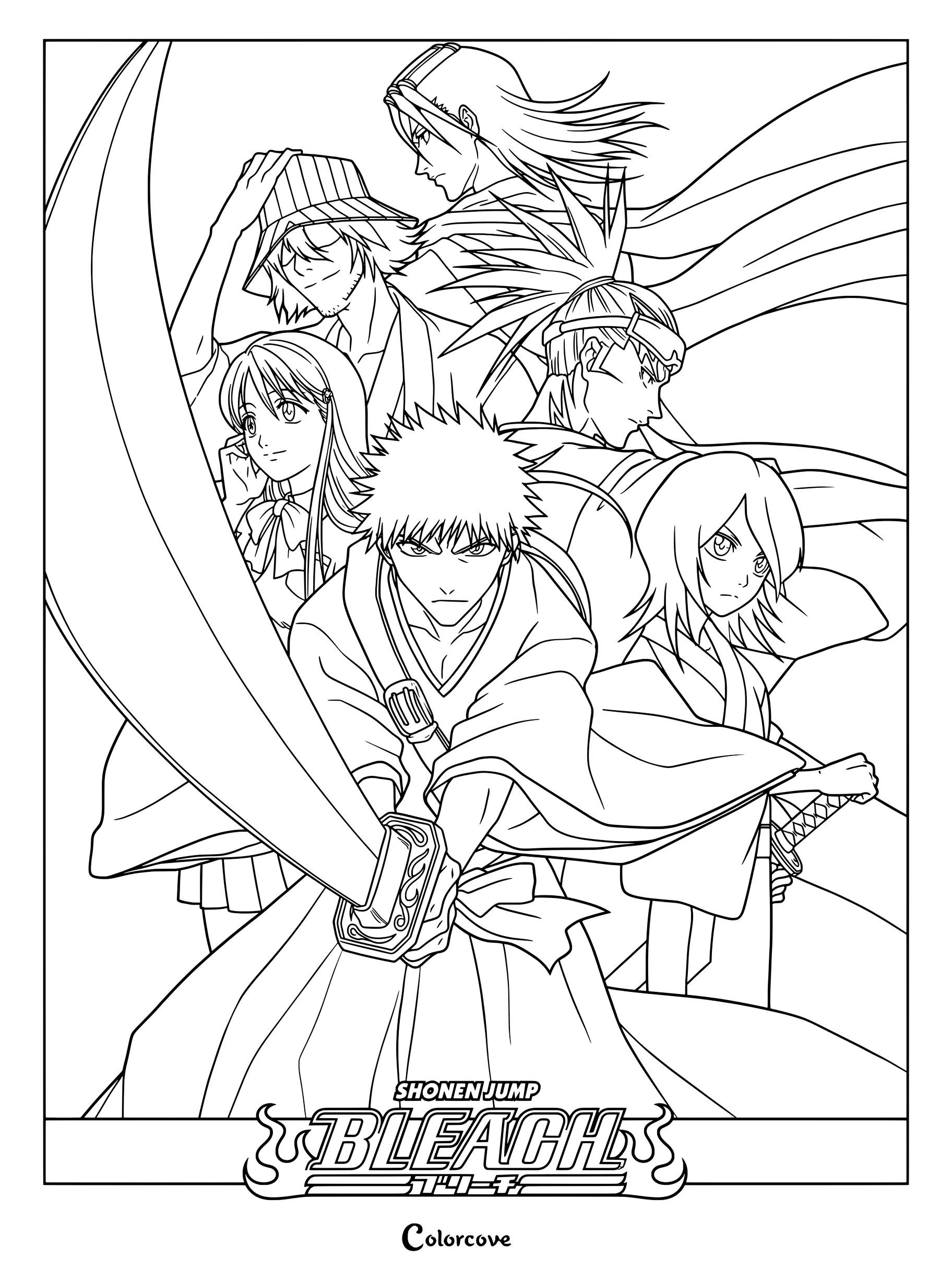 Página para colorear del póster promocional de Bleach con Ichigo, Rukia, Renji, Byakuya, Kisuke y Orihime.