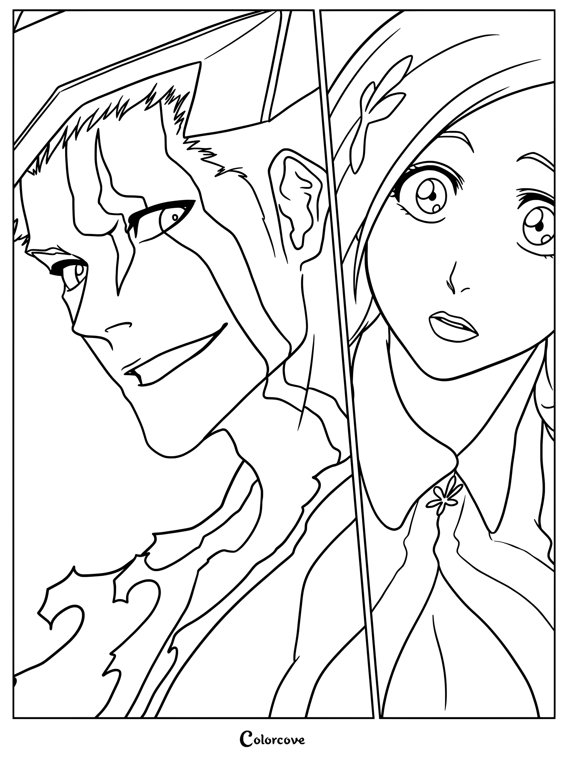 Página para colorear de Bleach con Ichigo Kurosaki y Orihime Inoue en un retrato de manga divididos en viñetas.