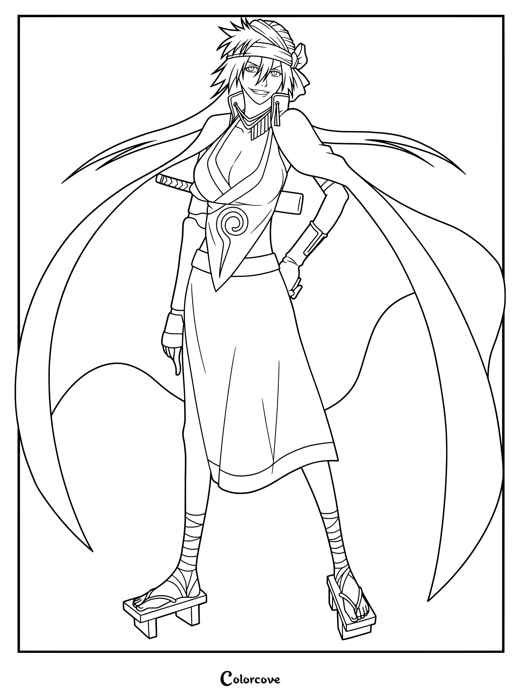 Dibujo para colorear de Kūkaku Shiba de Bleach posando con una sonrisa confiada, ataviada con prendas tradicionales y sandalias.