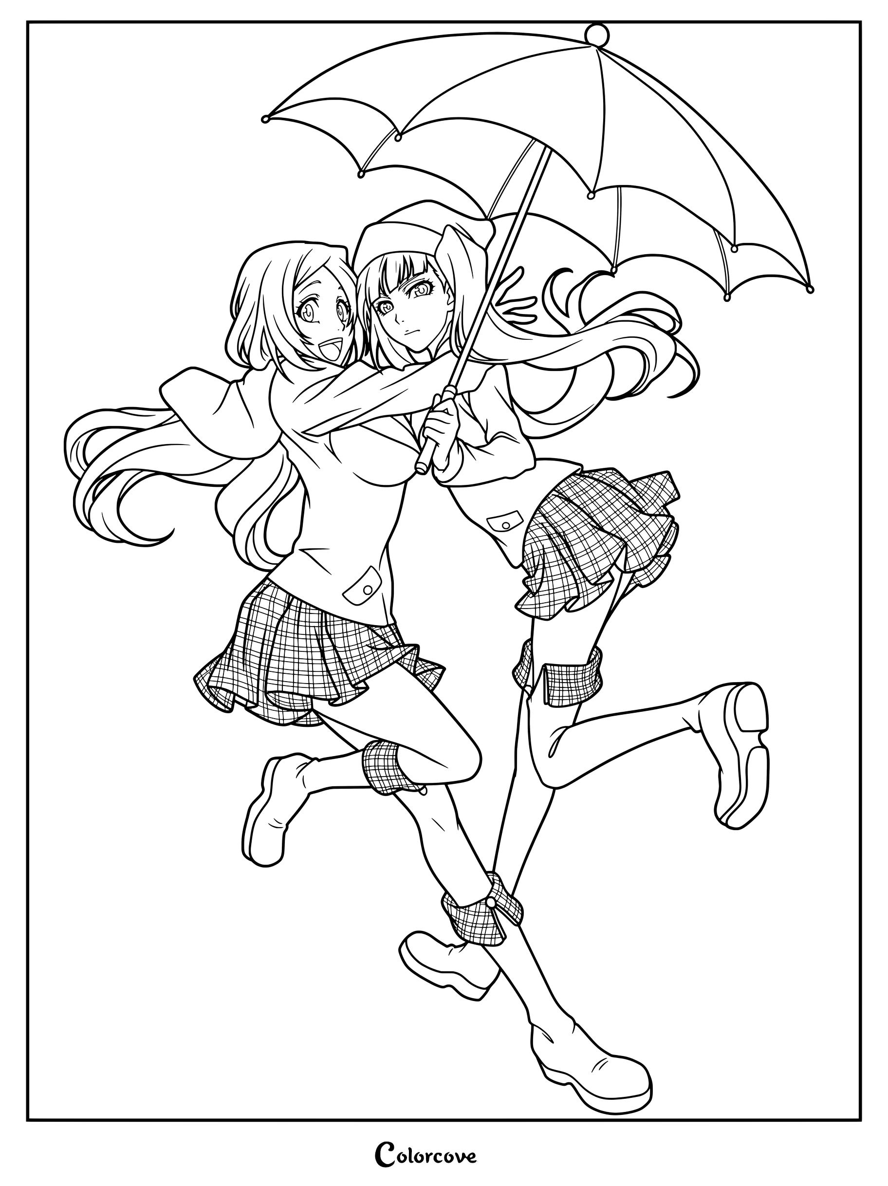 Página para colorear de Orihime Inoue y Riruka Dokugamine de Bleach compartiendo un paraguas rosa y blanco