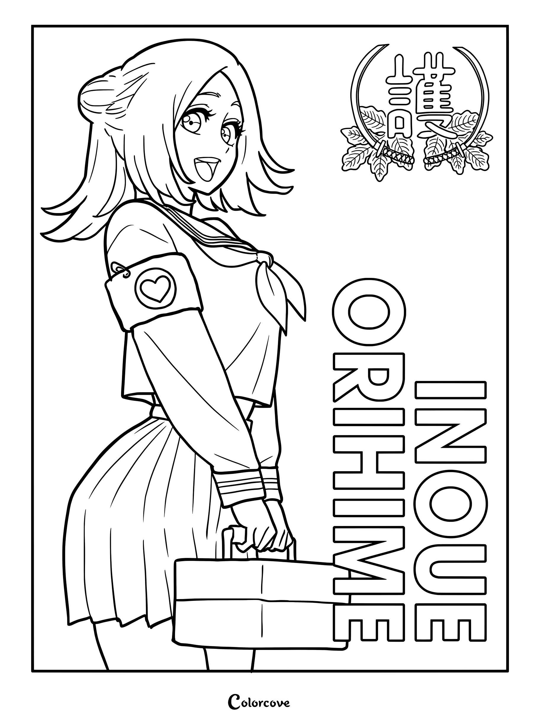 Dibujo para colorear de Bleach con Orihime Inoue con el uniforme conceptual de la ilustración The High School Warfare sosteniendo una mochila escolar