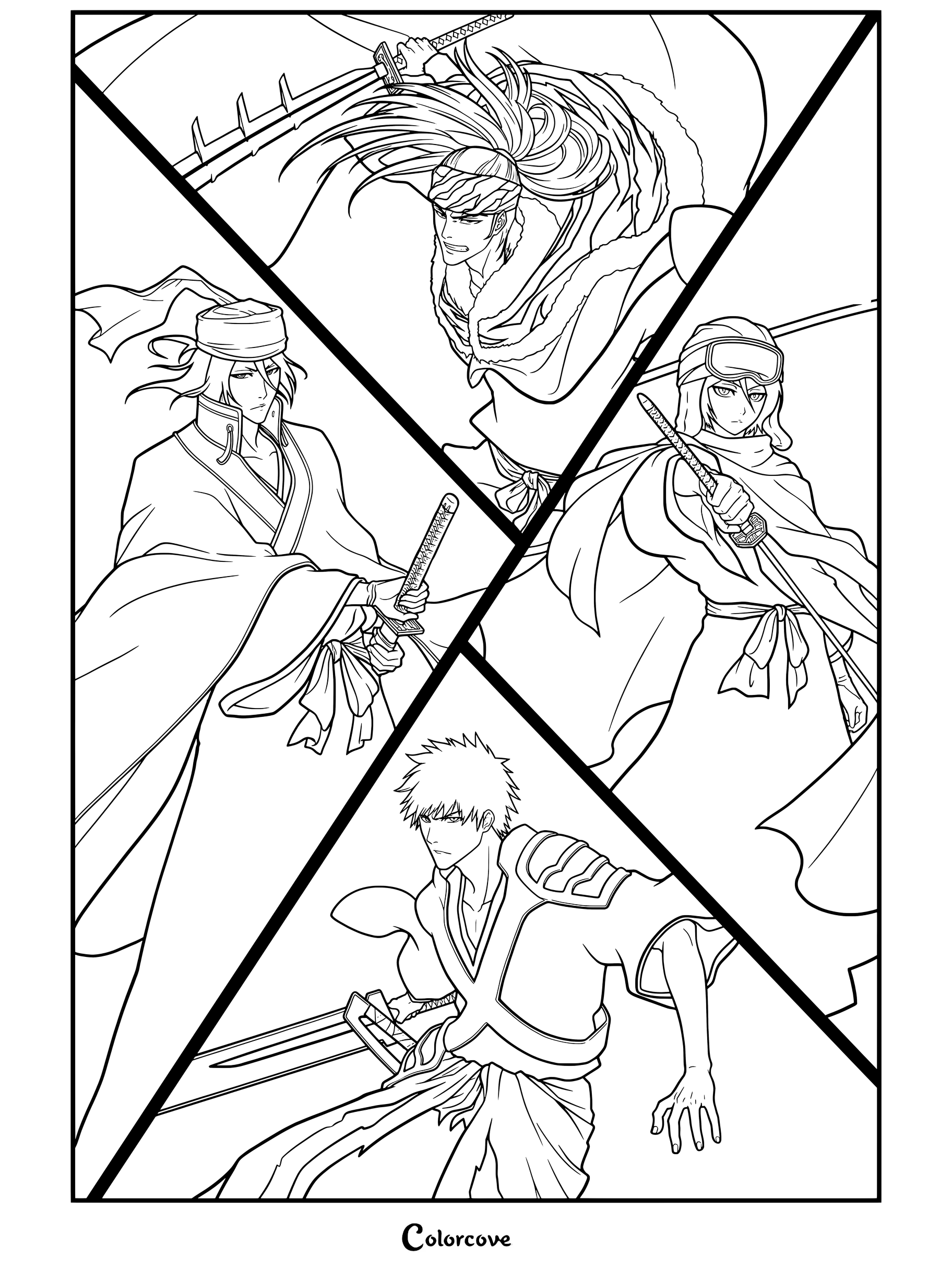 Página para colorear de Bleach con la ilustración oficial del póster maxi del grupo Shinigami de La Guerra Sangrienta de los Mil Años con Ichigo Kurosaki y guerreros de élite de la Sociedad de Almas.