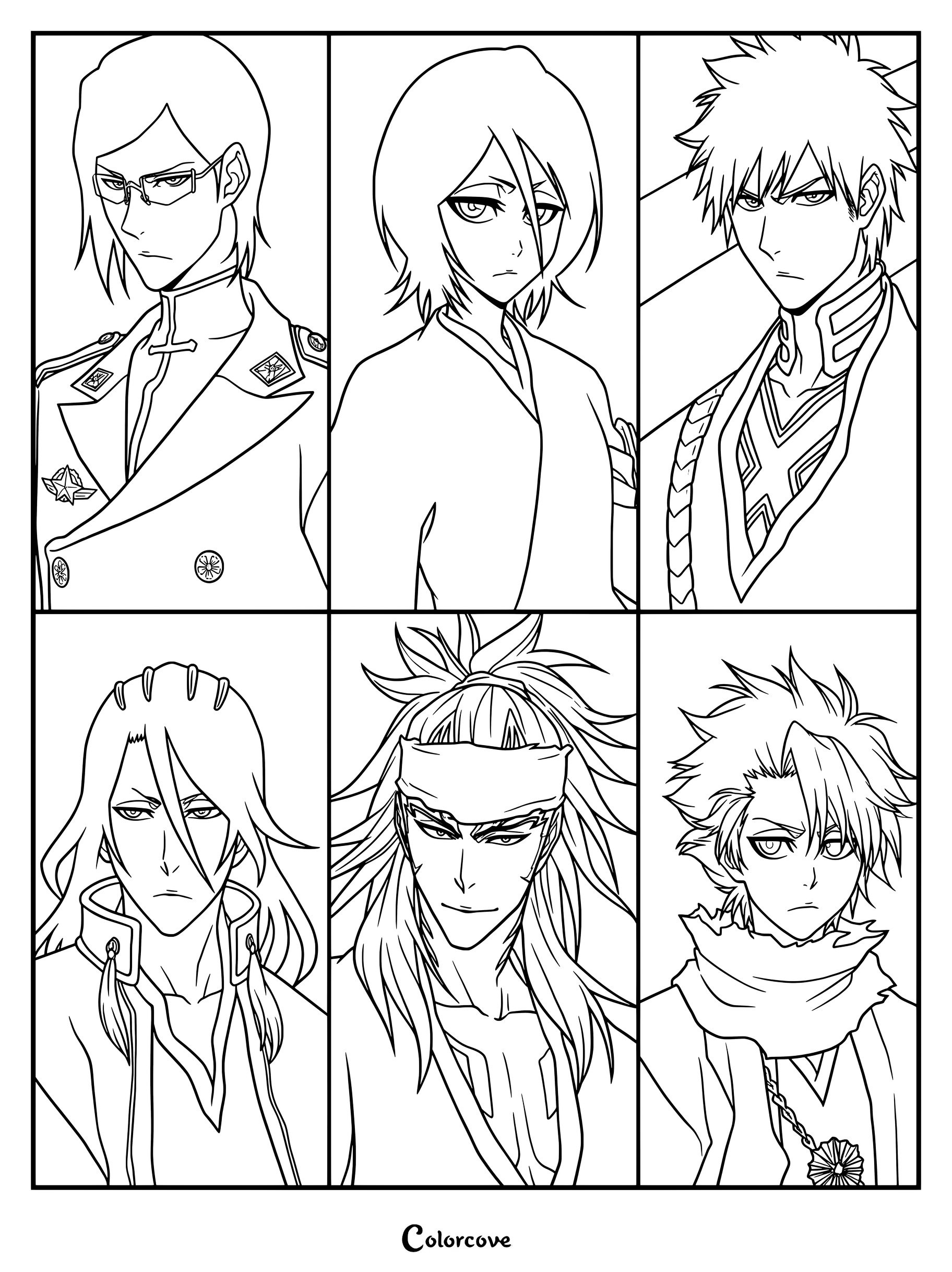 Página para colorear de Bleach con Uryū Ishida, Rukia Kuchiki, Ichigo Kurosaki, Byakuya Kuchiki, Renji Abarai y Tōshirō Hitsugaya.