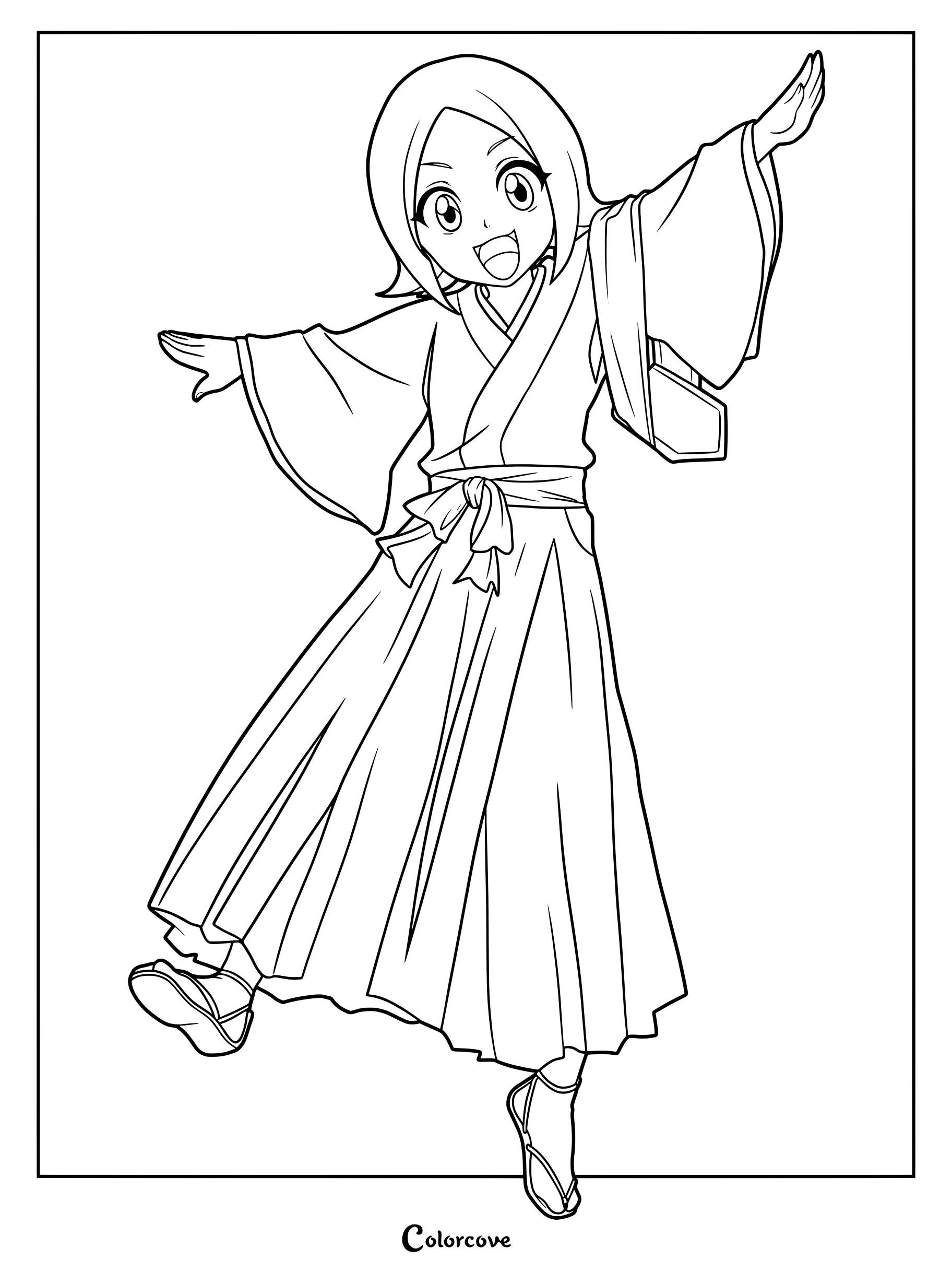 Dibujo para colorear de Yachiru Kusajishi de Bleach de pie con los brazos abiertos y una expresión alegre.