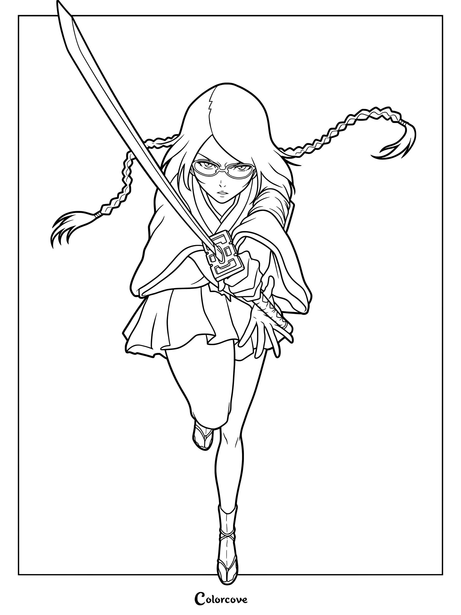 Dibujo para colorear de Lisa Yadōmaru blandiendo su espada en una postura de acción de Bleach