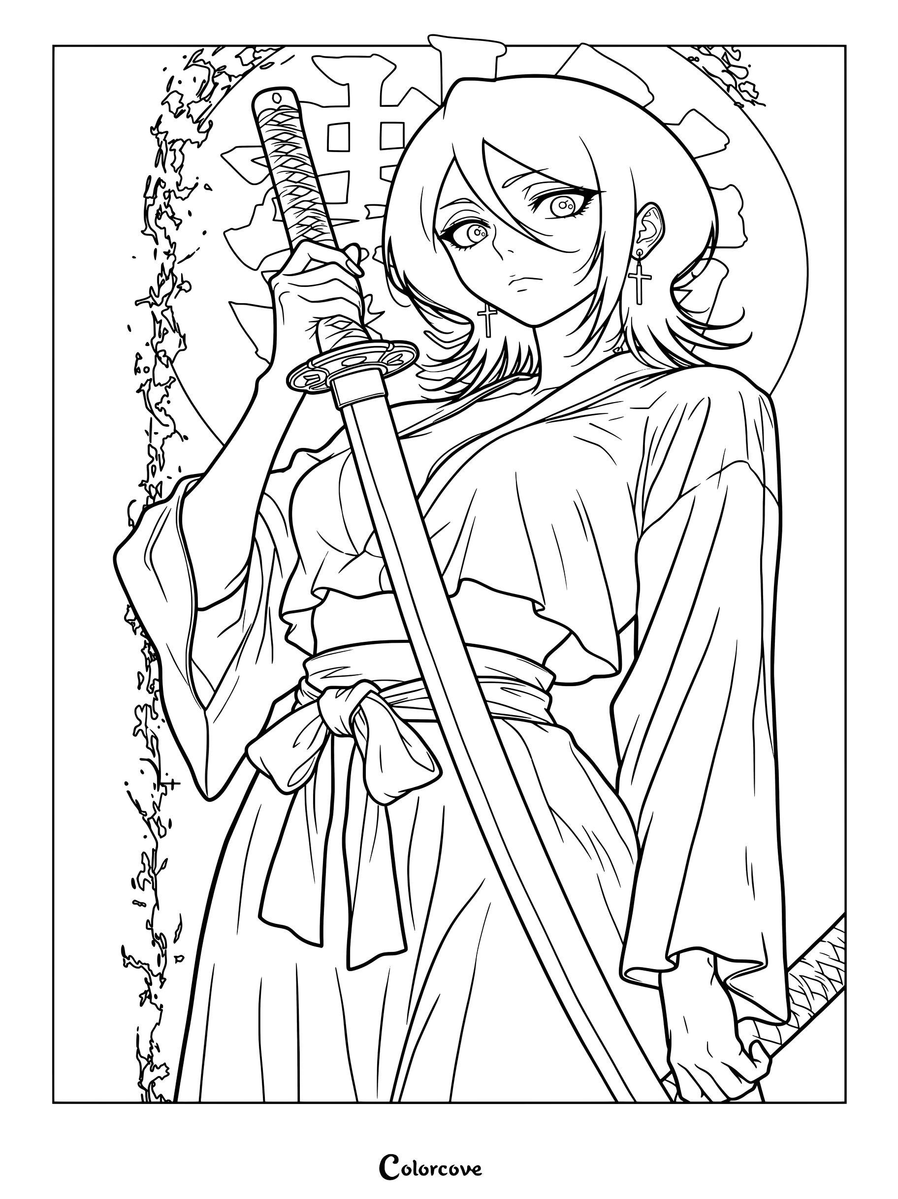 Dibujo para colorear de Rukia Kuchiki sosteniendo su espada en Bleach.