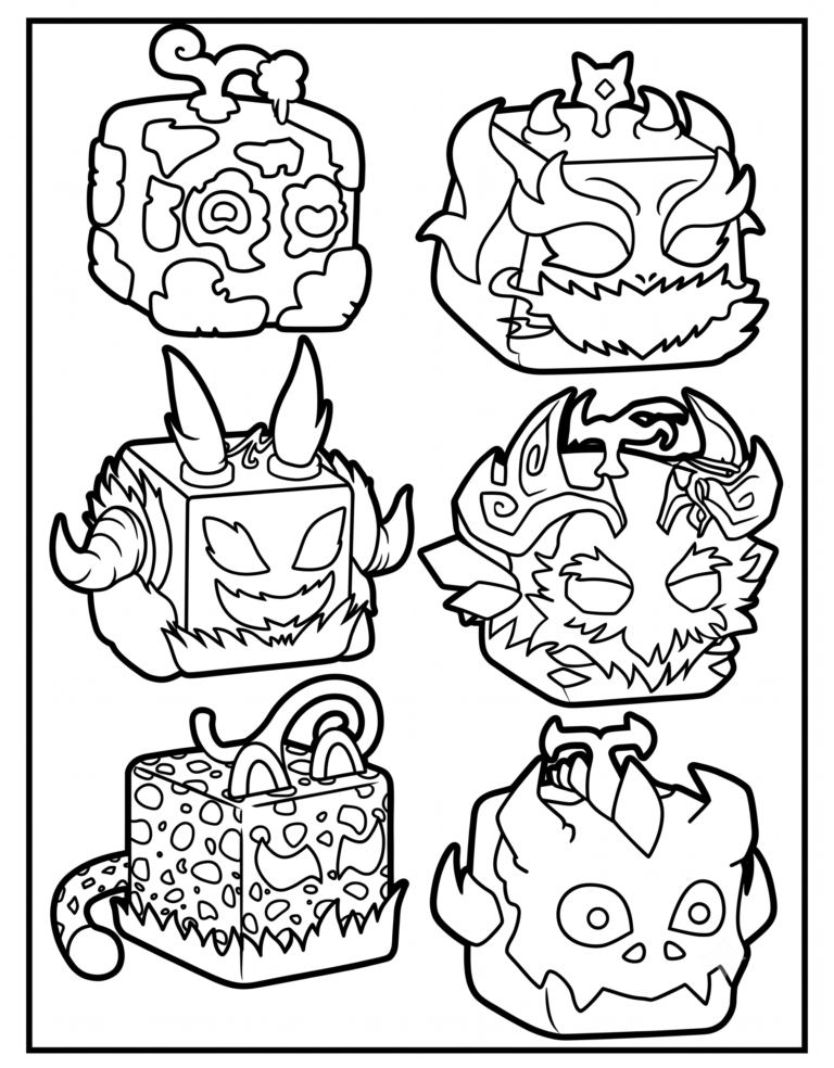 A detailed coloring page featuring a Blox Fruits group poster with Dough, Dragon, Shadow, Kitsune, Leopard, T-Rex.