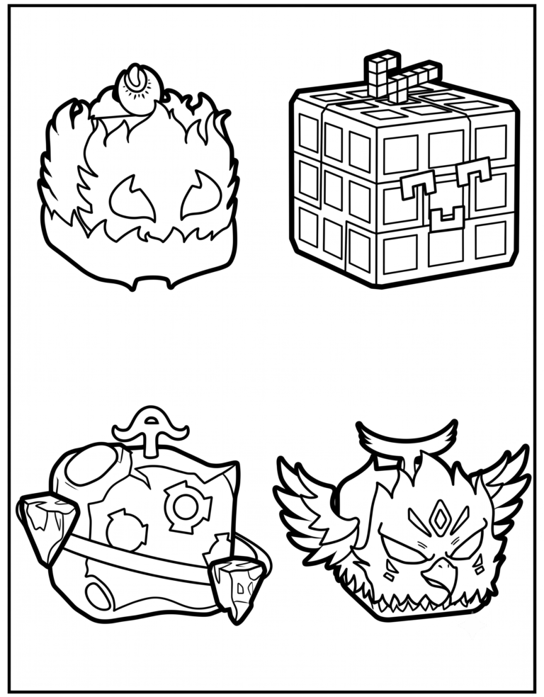 A detailed coloring page featuring a Blox Fruits group poster with Flame, Creation, Gravity, Eagle.