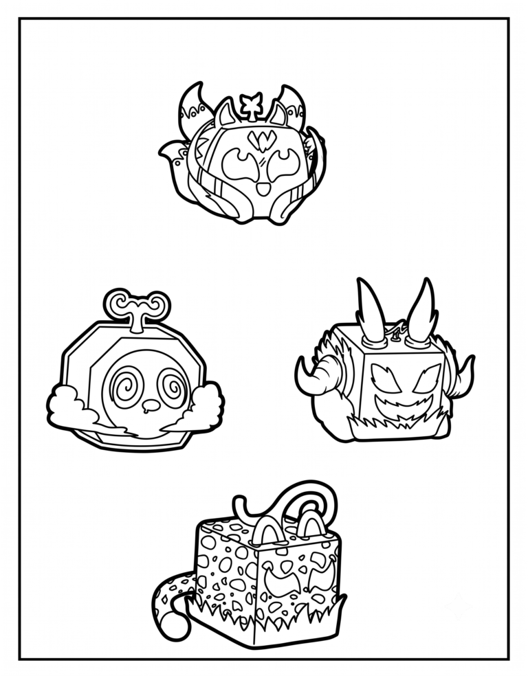 A detailed coloring page featuring a Blox Fruits group poster with Kitsune, Portal, Dragon, Leopard.