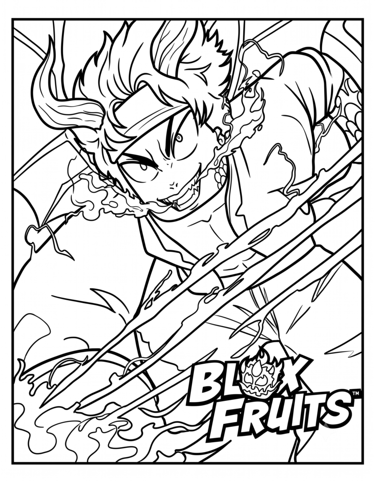 A detailed coloring page featuring a Blox Fruits poster and official logo.