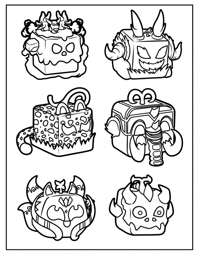 A detailed coloring page featuring a Blox Fruits group poster with Venom, Dragon, Leopard, Mammoth, Kitsune, T-Rex.