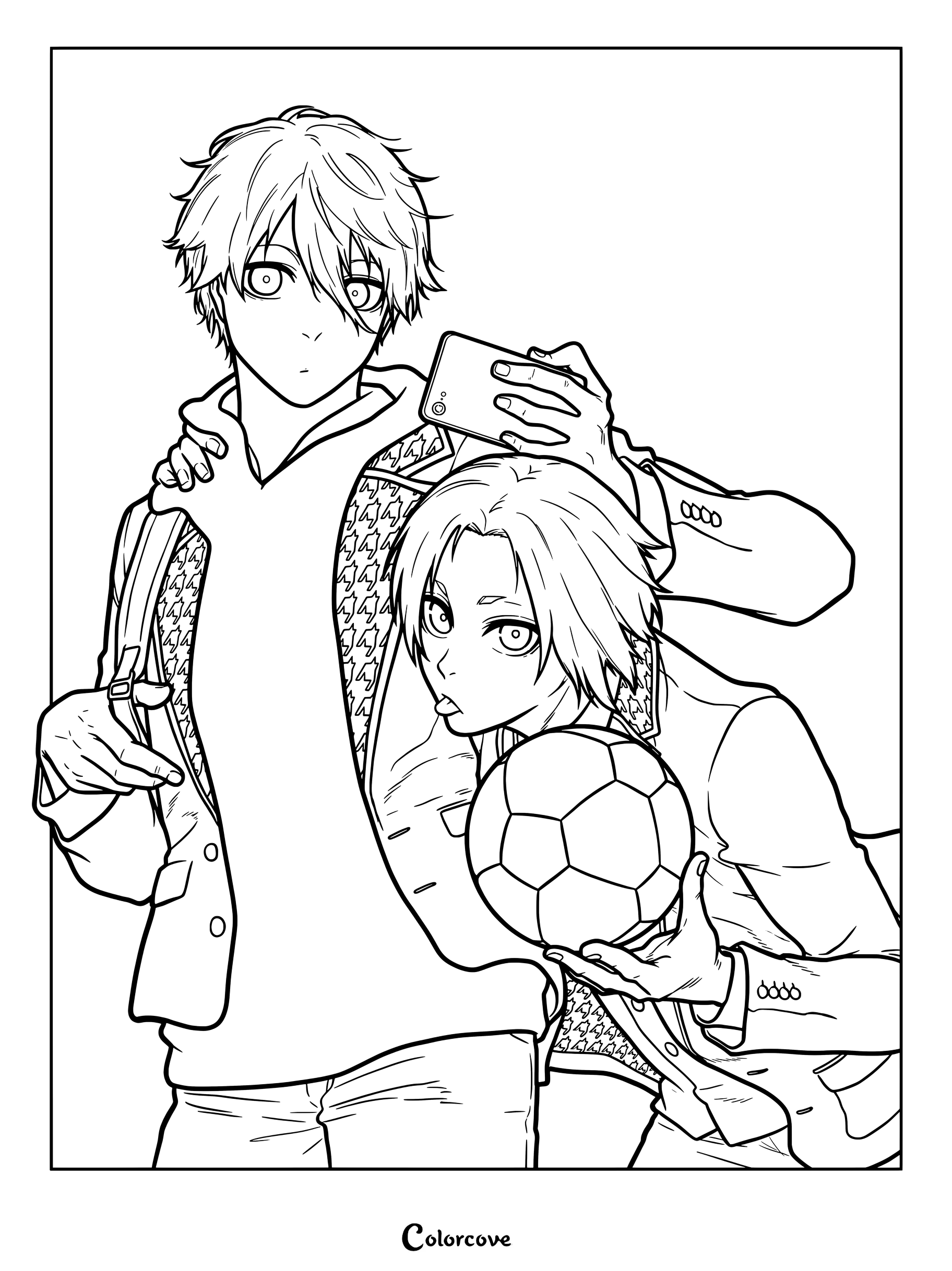 Dibujo para colorear de Seishiro Nagi y Reo Mikage de la serie de anime y manga Blue Lock que muestra a los personajes haciéndose un selfi con un balón de fútbol.