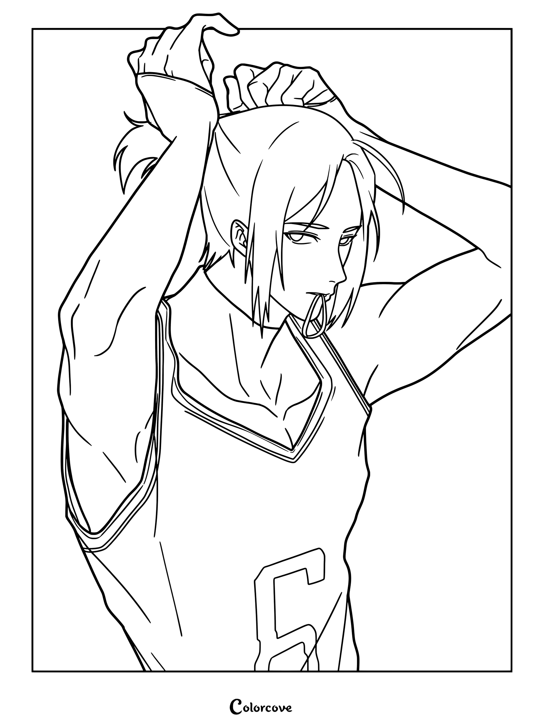 Dibujo de Gin Gagamaru para colorear de Blue Lock con su camiseta y atándose el pelo.