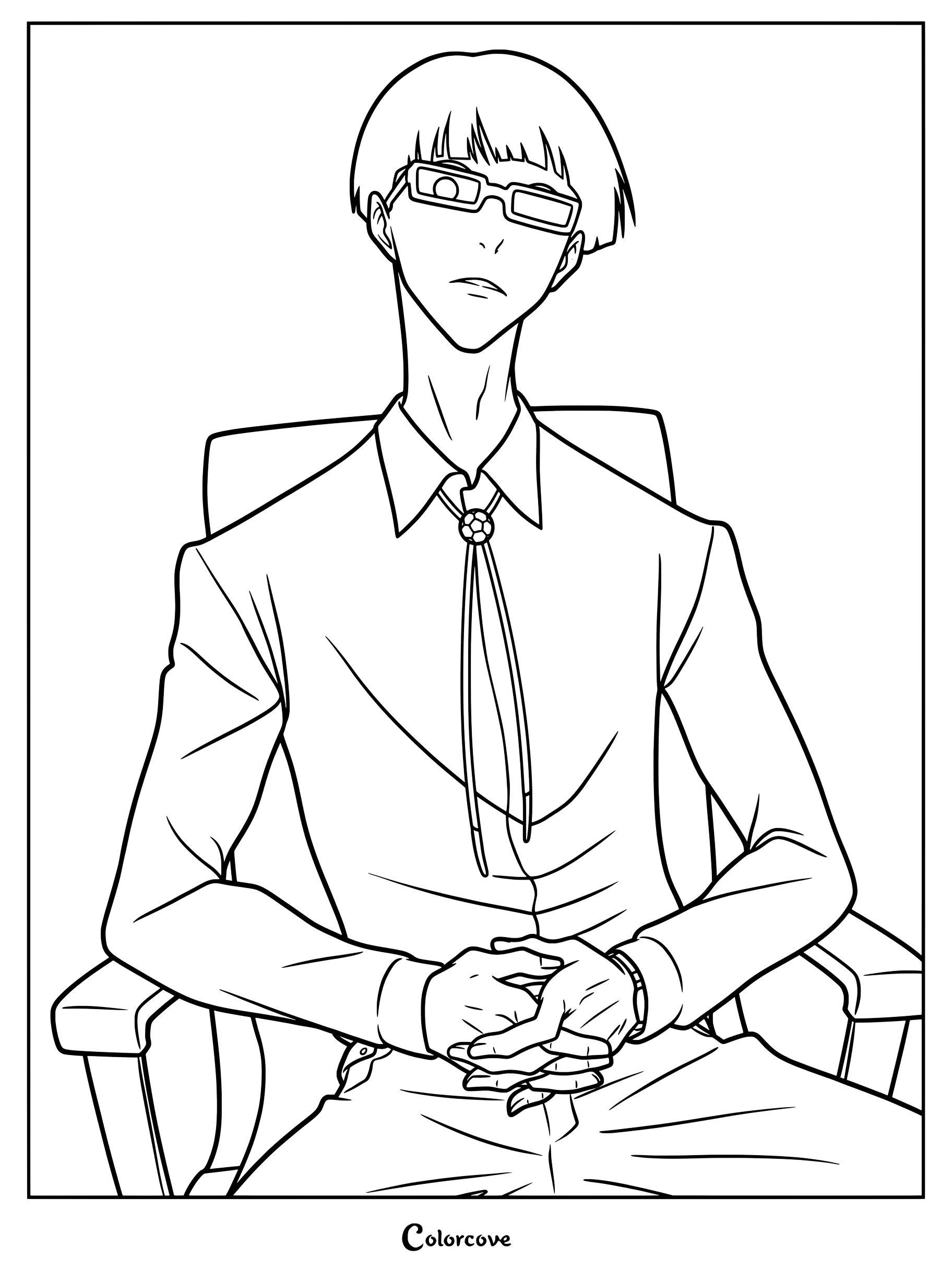 Un dibujo imprimible de Jinpachi Ego de Blue Lock sentado en una silla con las manos entrelazadas.