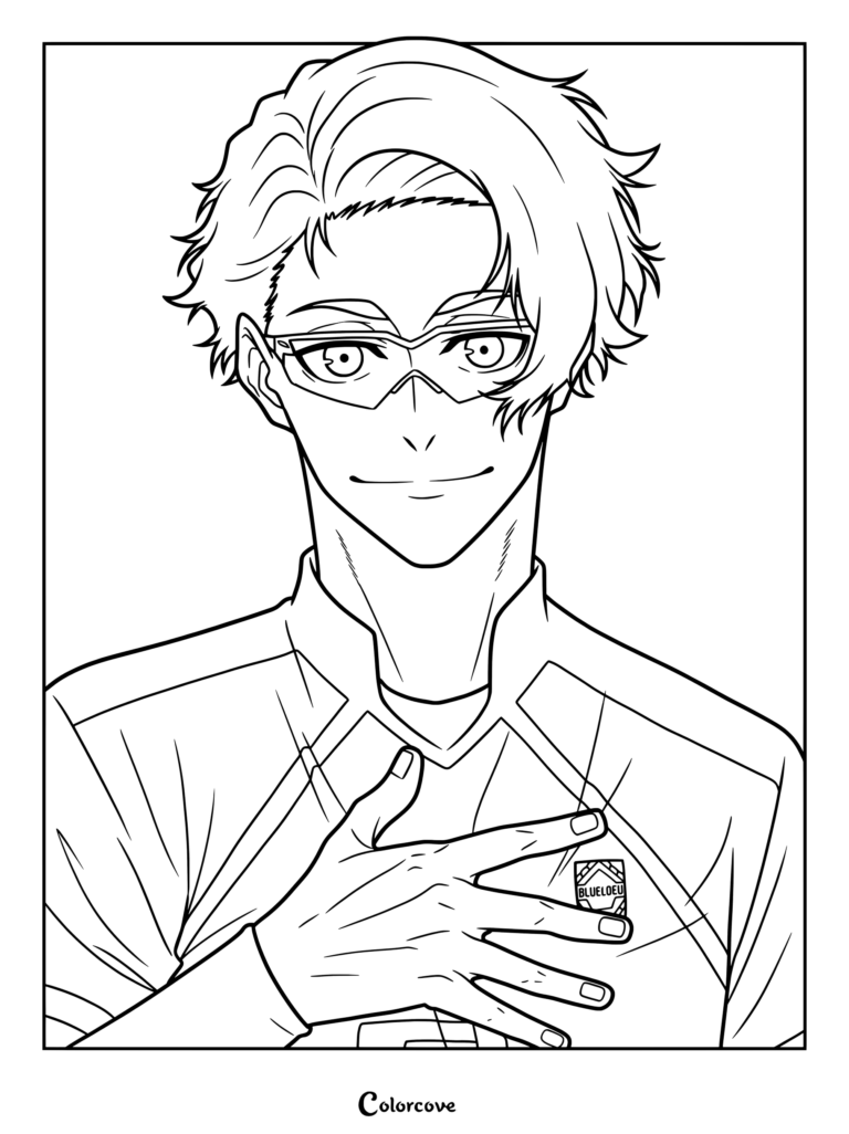 Un coloriage à imprimer de Kenyu Yukimiya de Blue Lock portant des lunettes et son uniforme d'équipe.