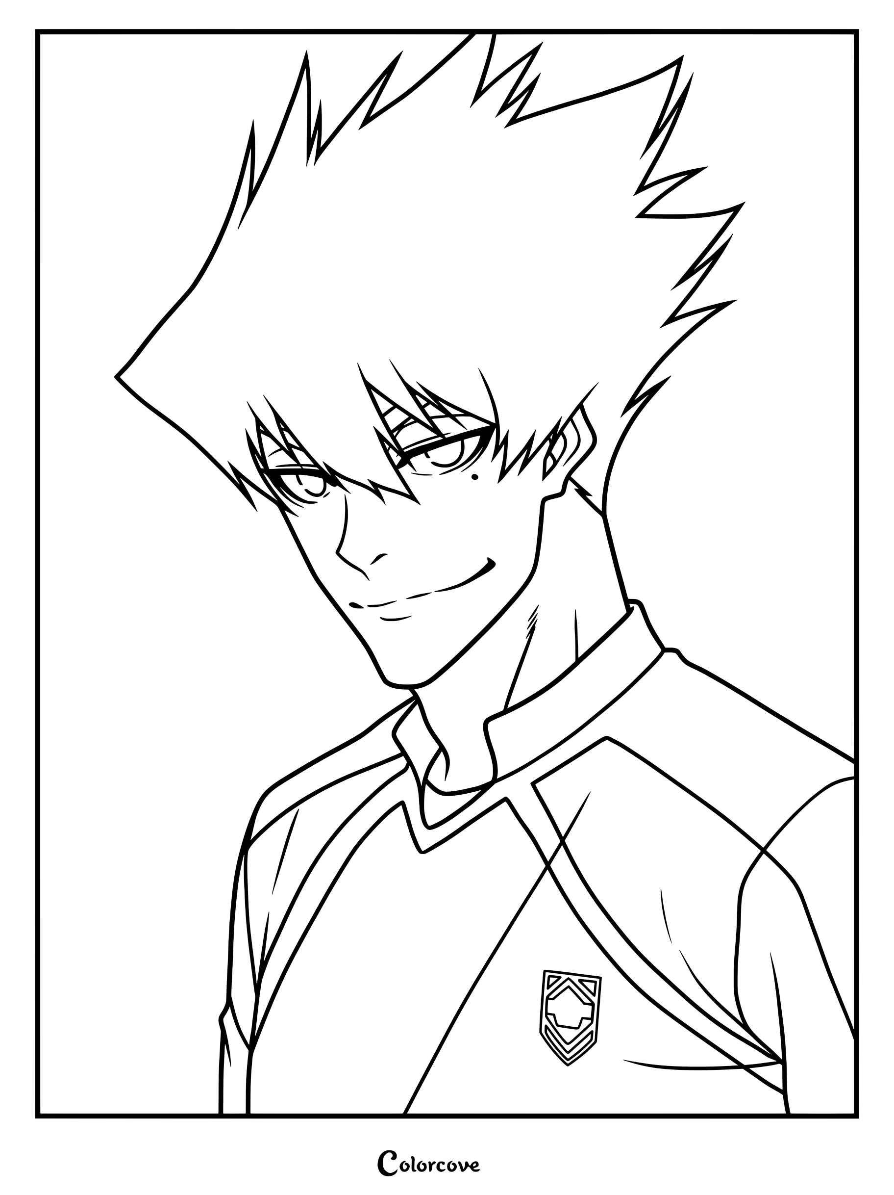 Dibujo imprimible para colorear de Tabito Karasu vistiendo la camiseta de su equipo con su característico cabello puntiagudo de Blue Lock.