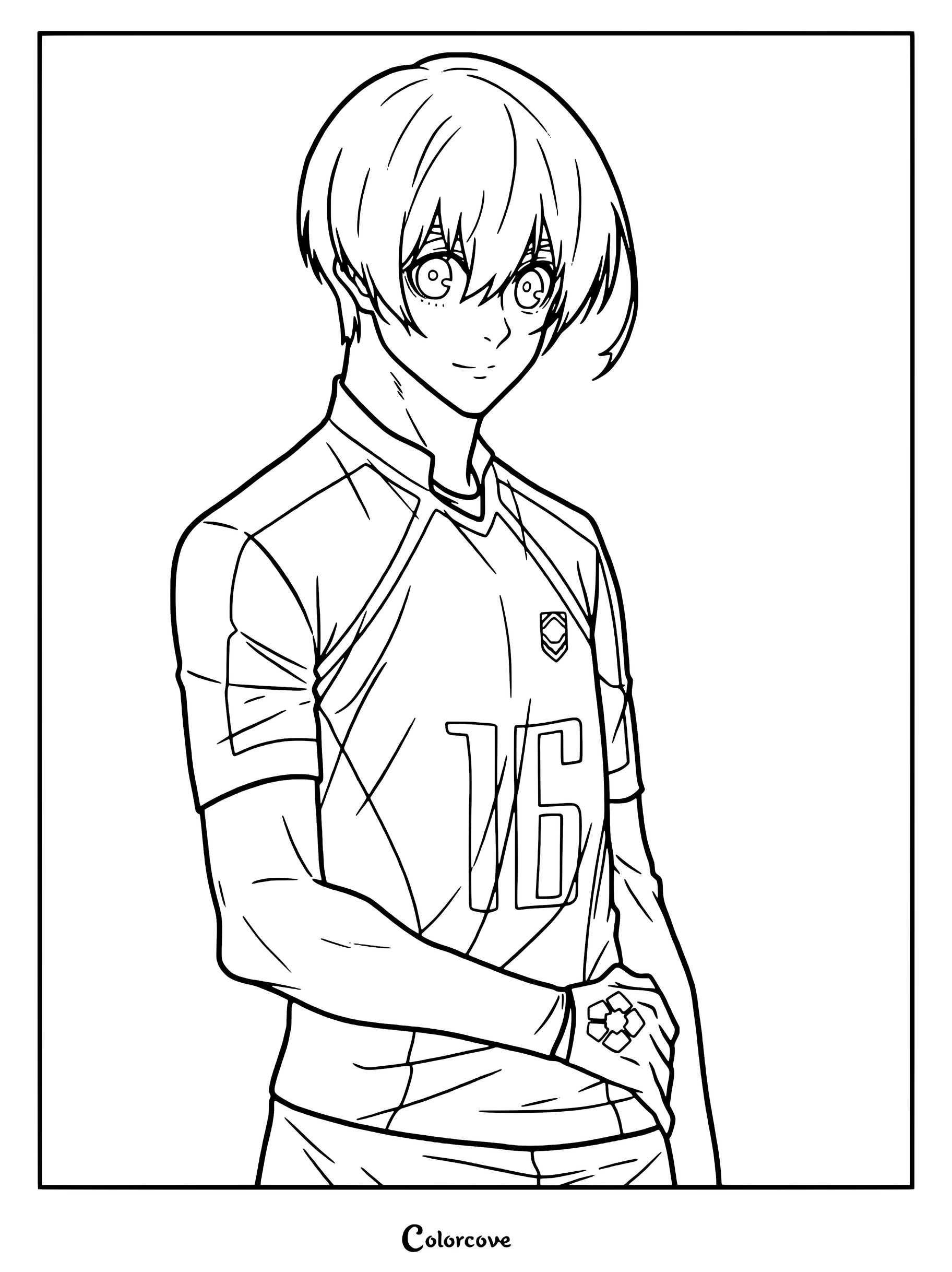 Yo Hiori vistiendo su camiseta número 16 para un dibujo de Blue Lock para colorear.
