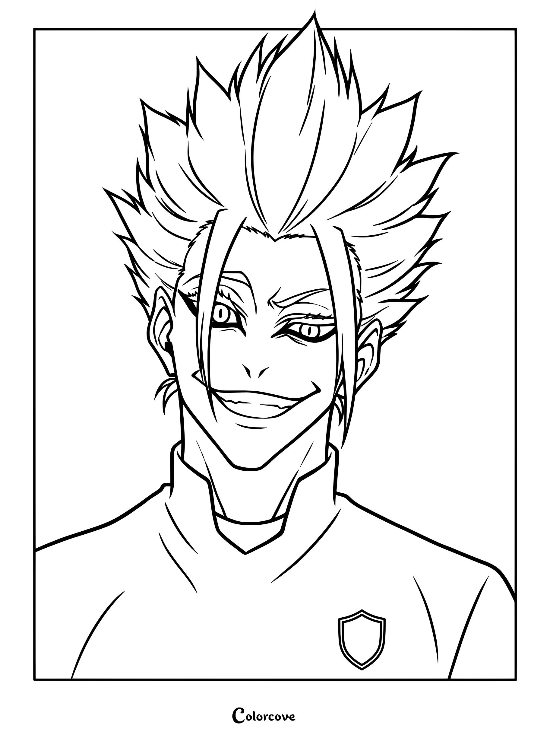 Dibujo de Ryusei Shidou para colorear de Blue Lock que muestra su icónico cabello puntiagudo y su sonrisa salvaje.
