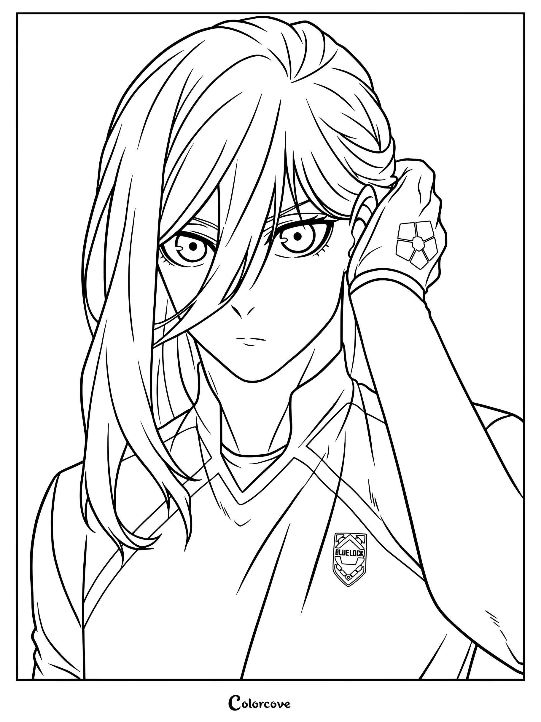 Dibujo imprimible de Chigiri Hyoma para colorear de Blue Lock, que lo muestra ajustándose el pelo con una camiseta.