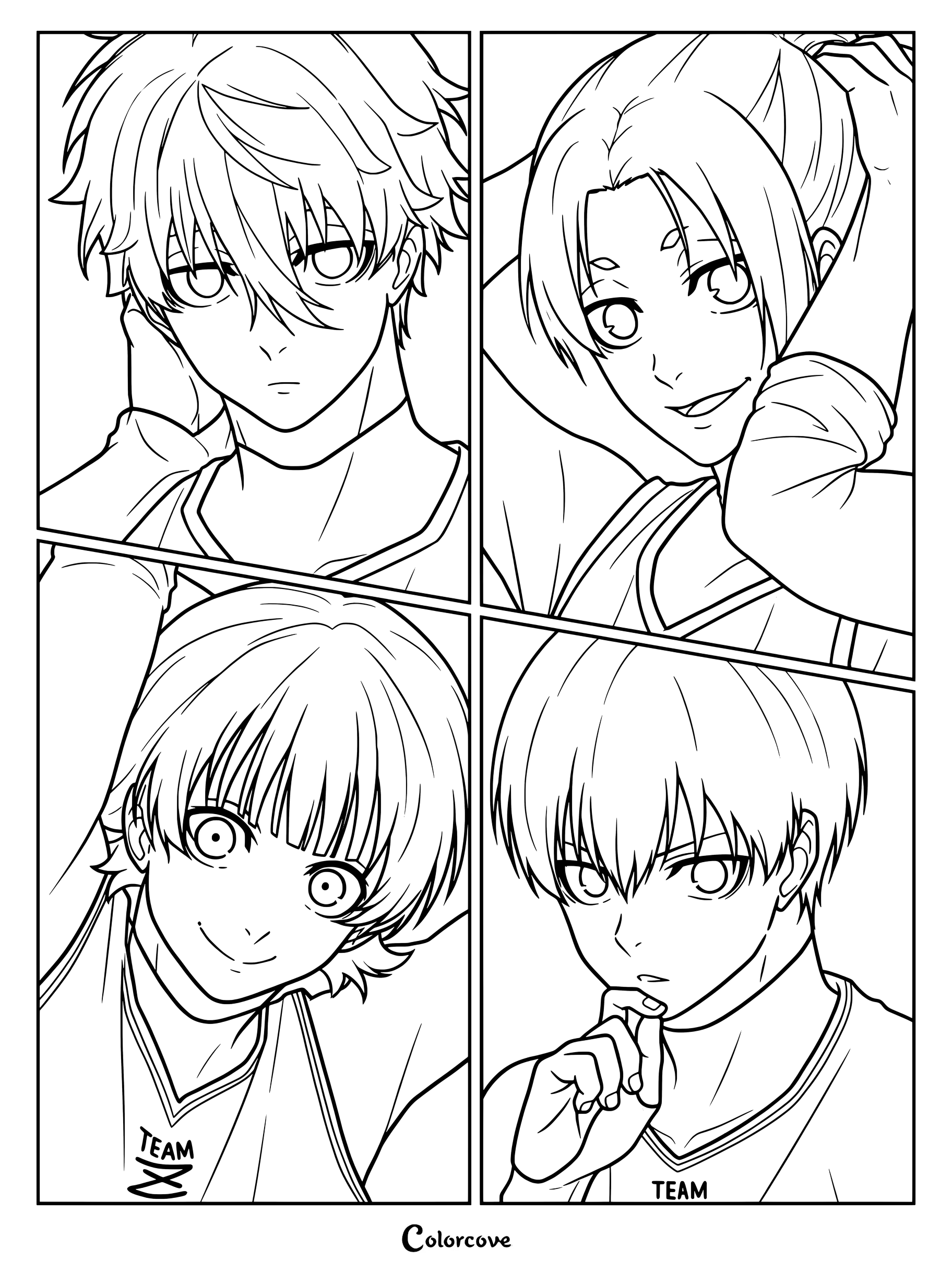 Una página para colorear imprimible con los personajes Seishiro Nagi, Reo Mikage, Meguru Bachira y Yoichi Isagi de la serie de anime Blue Lock dispuesta en un diseño de collage de cuatro cuadrantes.
