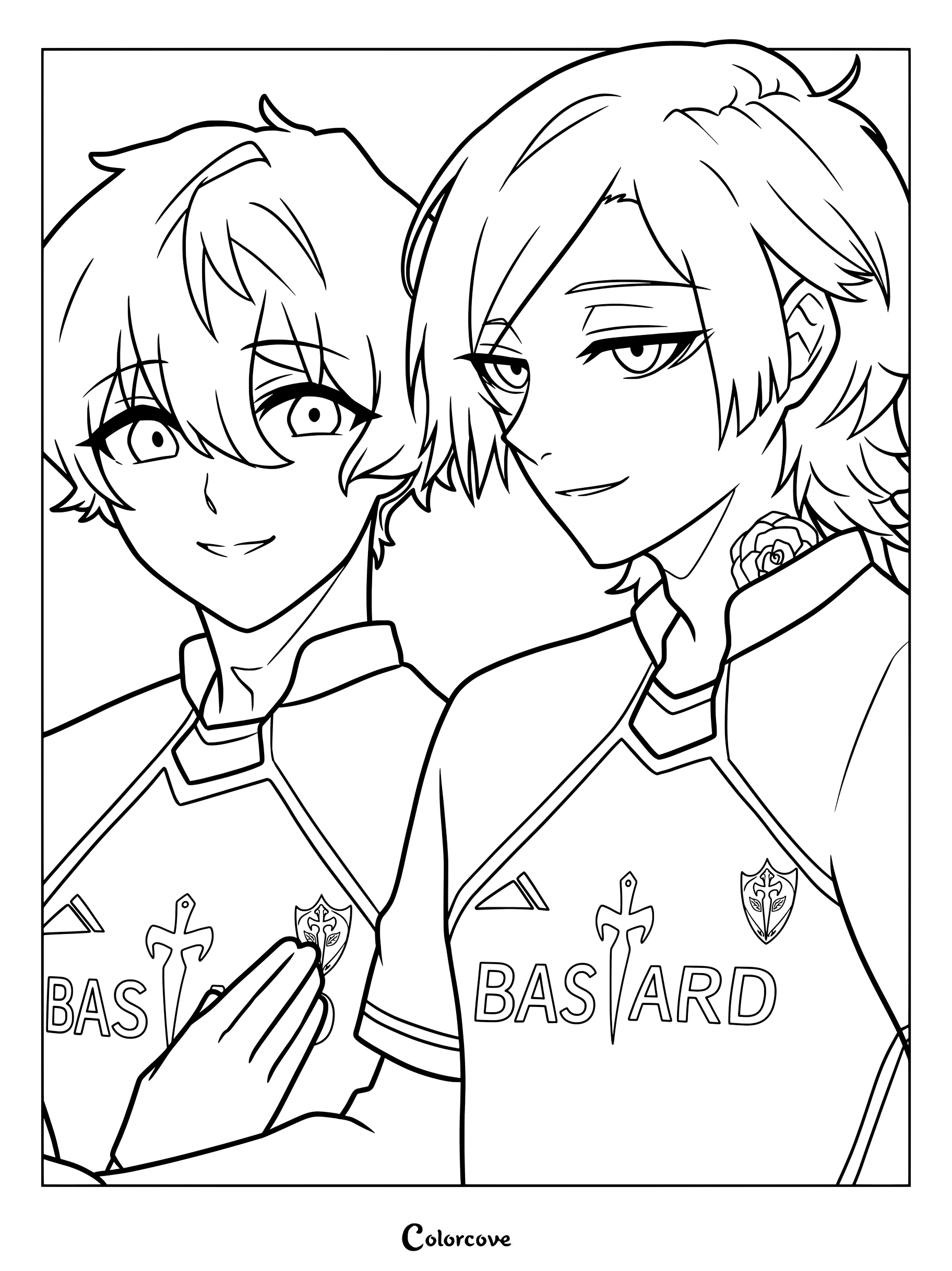 Dibujo imprimible para colorear de Michael Kaiser y Alexis Ness de Blue Lock vistiendo las camisetas del equipo Bastard München.