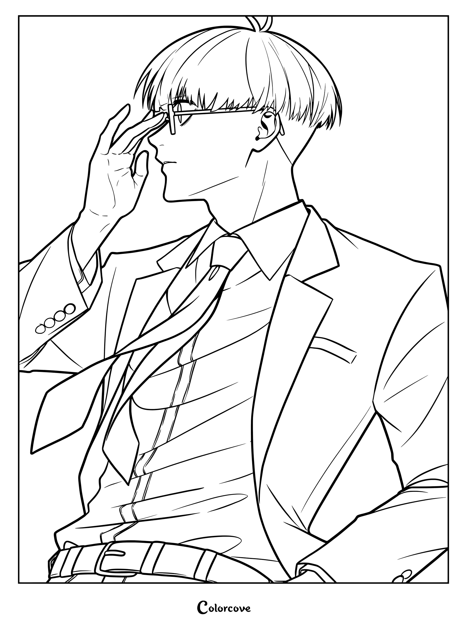 Un dibujo imprimible de Jinpachi Ego de Blue Lock ajustándose las gafas mientras lleva un traje de negocios.