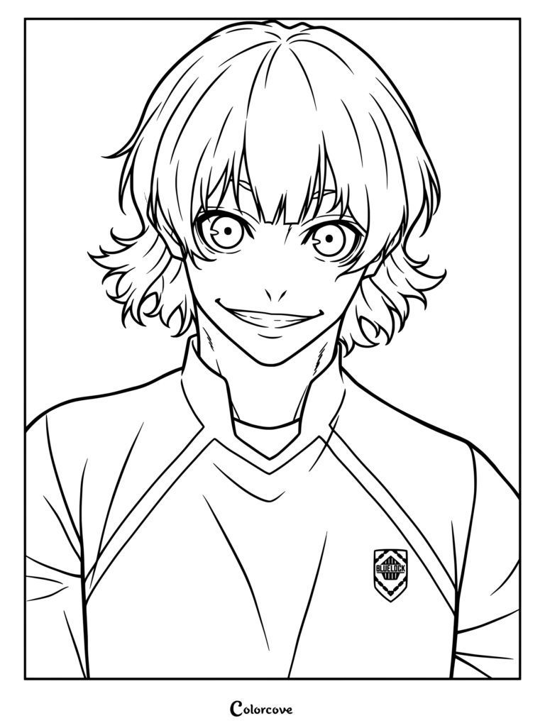 Coloriage de Meguru Bachira de Blue Lock montrant le personnage souriant avec de grands yeux dans son maillot.