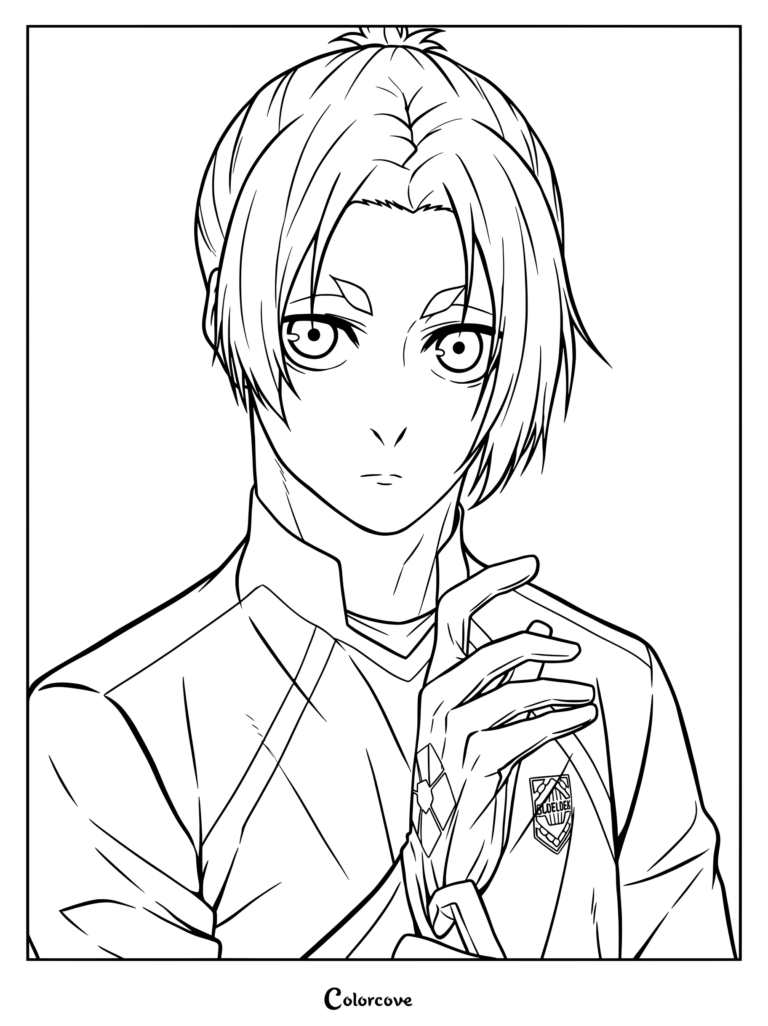 Un coloriage détaillé de Reo Mikage de Blue Lock arborant sa tenue signature et une expression concentrée.