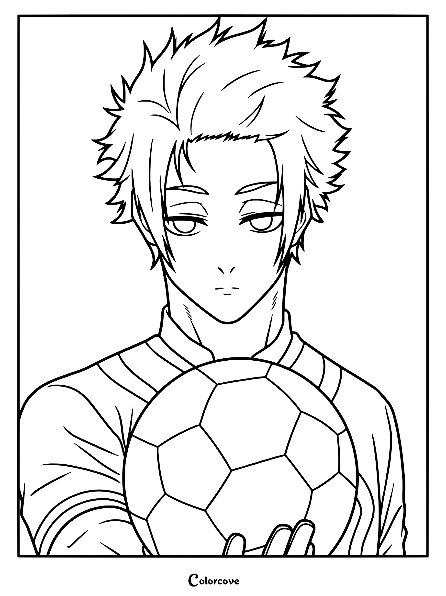 Un dibujo imprimible de Sae Itoshi de Blue Lock sosteniendo un balón de fútbol.