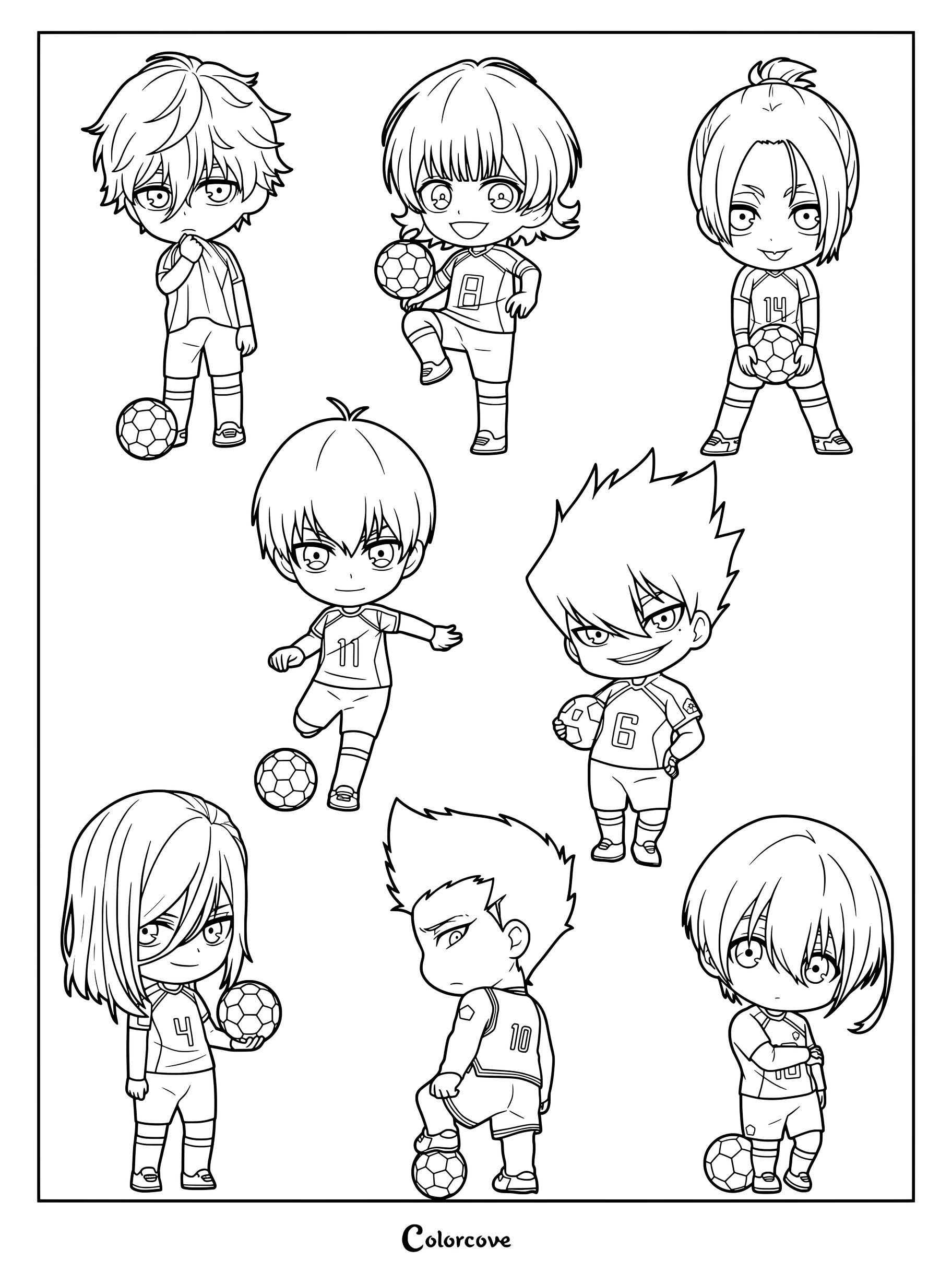 Dibujo gratis de Blue Lock para colorear con ocho personajes en un adorable estilo artístico chibi, mostrando a Seishiro Nagi, Meguru Bachira y Reo Mikage en la fila superior, Yoichi Isagi y Rin Itoshi en el medio, y Chigiri Hyoma, Shoei Barou y Nijiro Nanase.