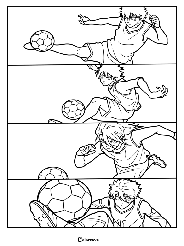 Coloriage Blue Lock mettant en vedette Yoichi Isagi, Meguru Bachira, Chigiri Hyoma et Seishiro Nagi dans des panneaux superposés tout en jouant au football.