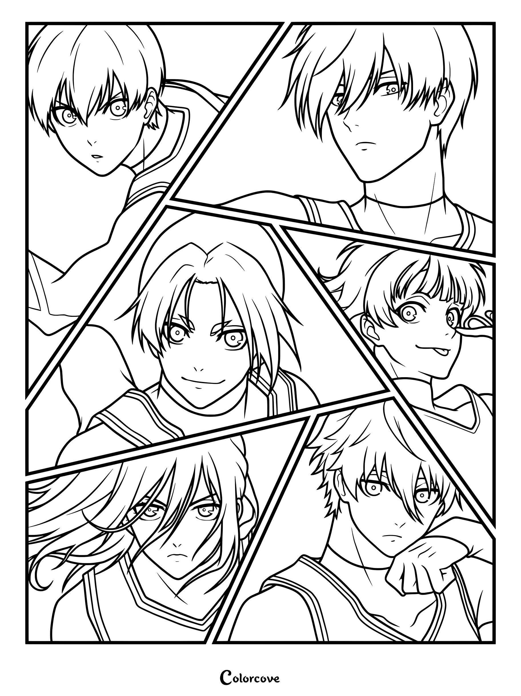 Dibujo de Blue Lock para colorear con un collage de Yoichi Isagi, Rin Itoshi, Reo Mikage, Eita Otoya, Chigiri Hyoma y Seishiro Nagi en paneles geométricos individuales.