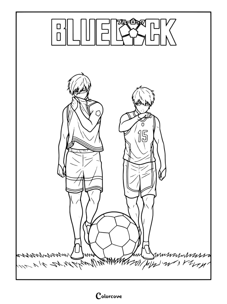 Coloriage Blue Lock mettant en scène Yoichi Isagi et Rin Itoshi de l'anime Blue Lock debout avec un ballon de football sur un terrain.