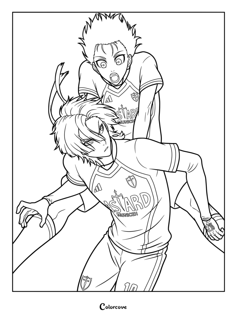 Yoichi Isagi saute sur le dos de Michael Kaiser dans un maillot de l'équipe Bastard München pour ce coloriage Blue Lock