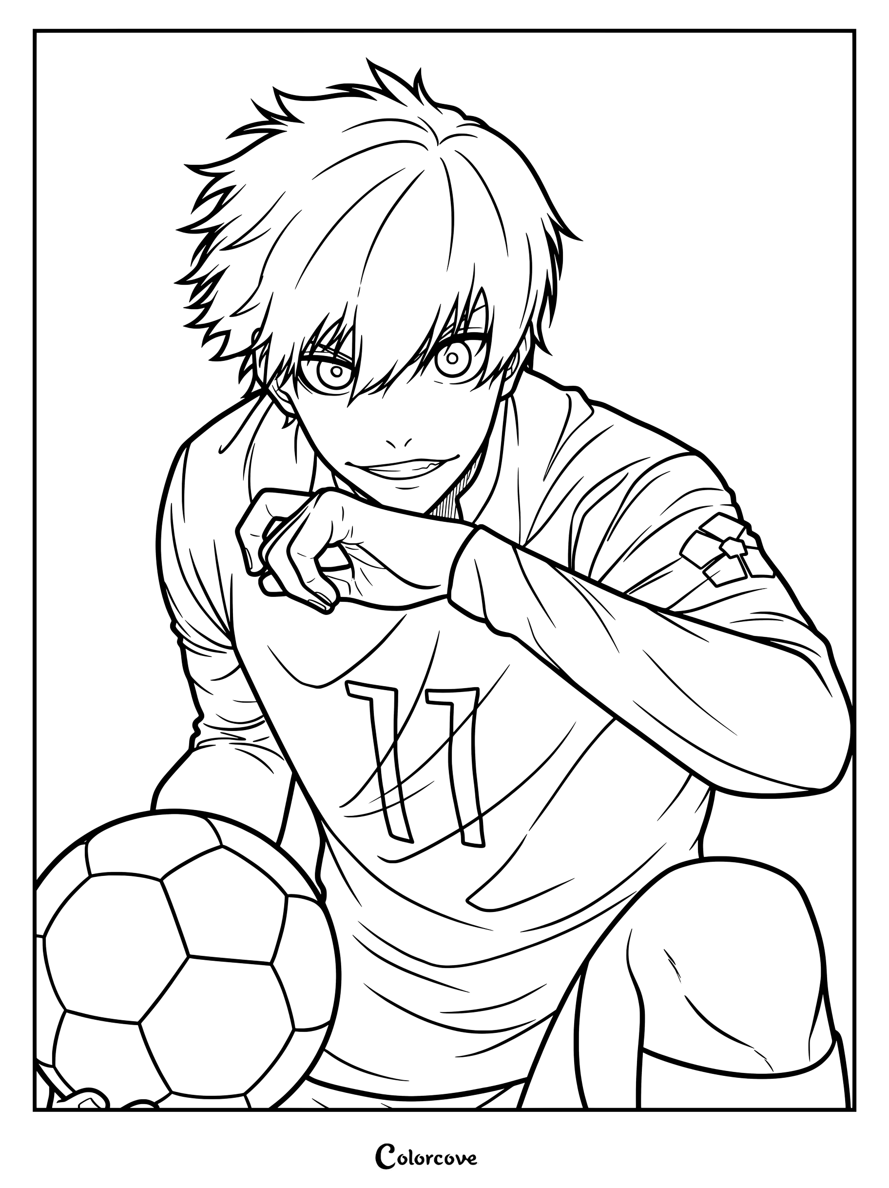 Dibujo imprimible de Yoichi Isagi de Blue Lock sosteniendo un balón de fútbol con una expresión decidida.