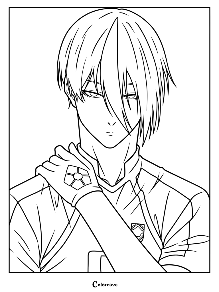 Coloriage d'Eita Otoya de Blue Lock montrant le joueur tenant son épaule avec une marque en forme de pentagone sur son gant.