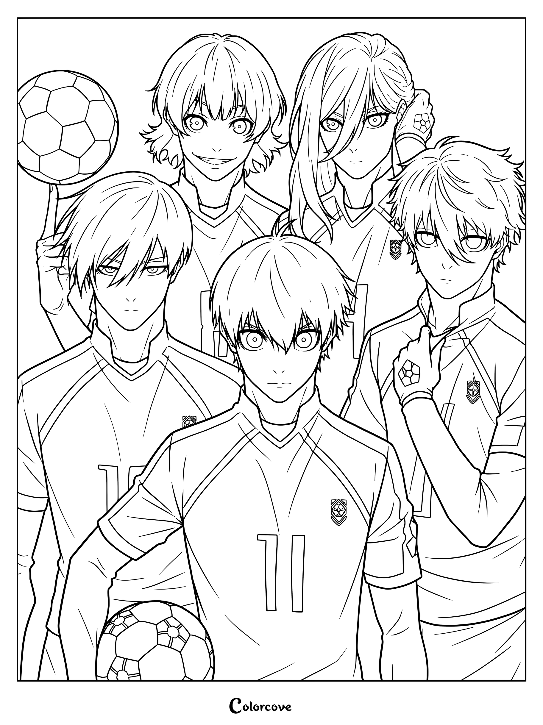 Dibujo gratis de Blue Lock para colorear con Yoichi Isagi, Meguru Bachira, Rensuke Kunigami, Seishiro Nagi y Rin Itoshi con uniformes de fútbol.