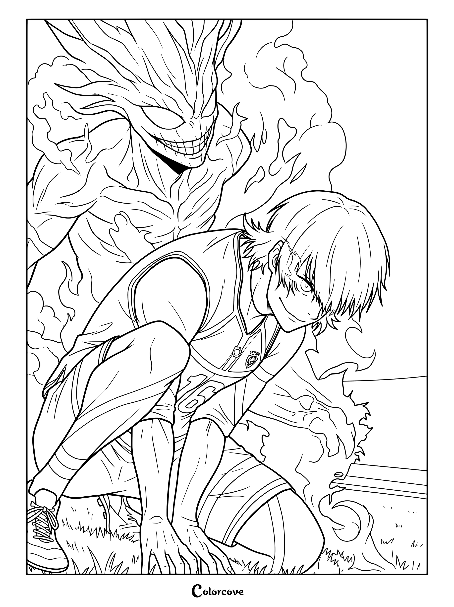 Meguru Bachira – El monstruo interior, dibujo de Blue Lock para colorear que muestra a Bachira agachado con un aura de monstruo