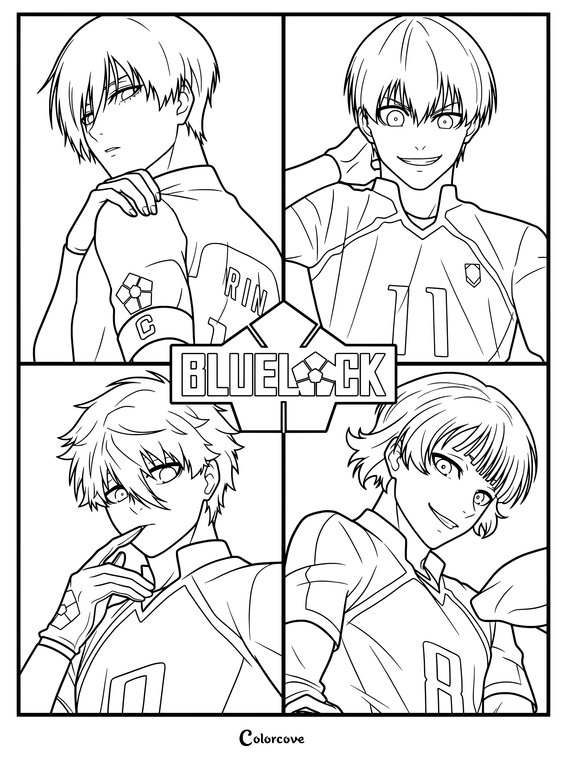 Dibujo de Blue Lock para colorear con ilustraciones oficiales de los personajes Rin Itoshi, Yoichi Isagi, Seishiro Nagi y Kurona Ranze vistiendo sus camisetas azules del equipo.