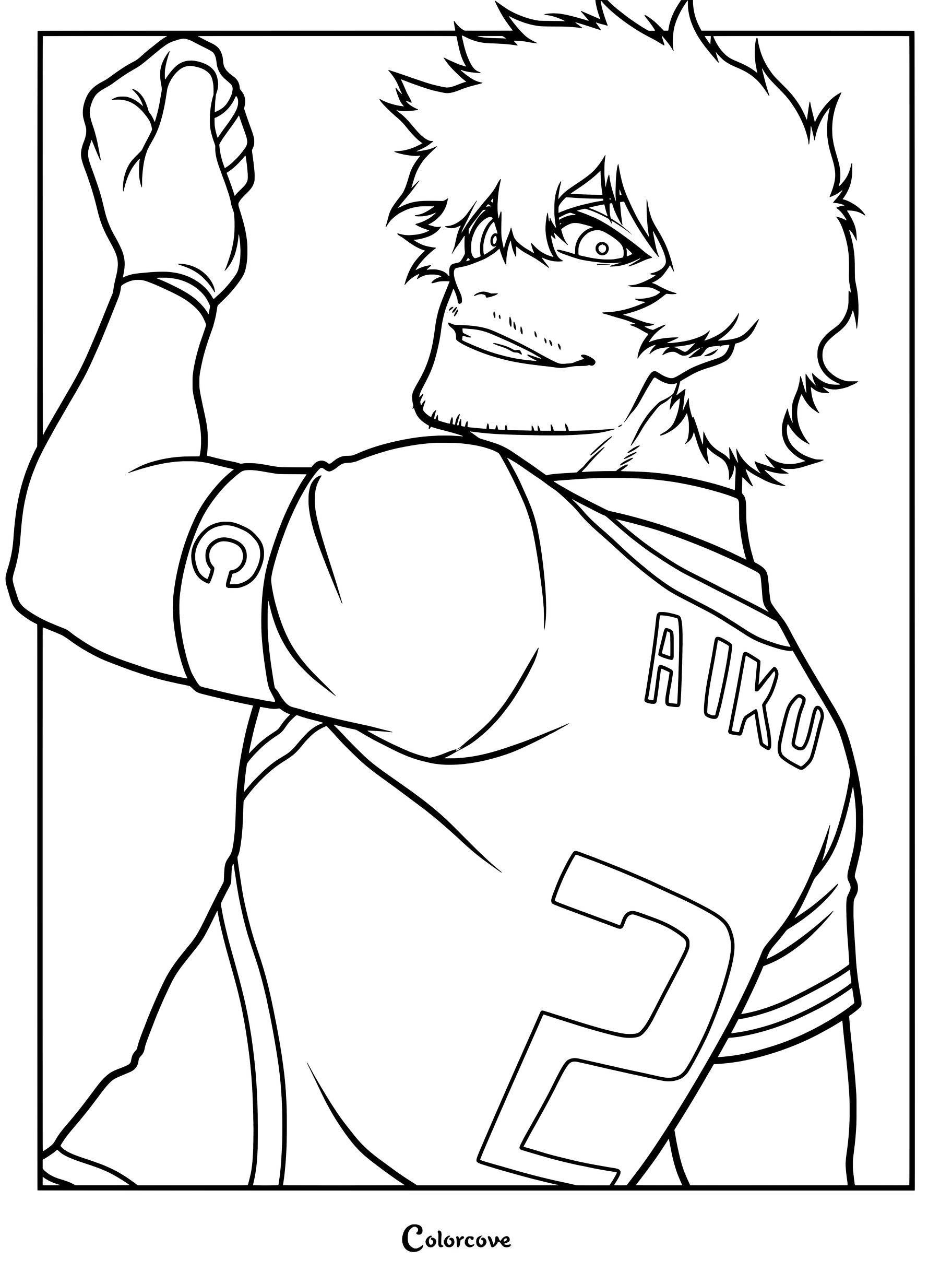 Dibujo para colorear de Oliver Aiku de la serie de anime y manga Blue Lock, que lo muestra sonriendo con el puño en alto y vistiendo la camiseta número dos.