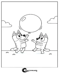 Bluey and Bingo playing with a balloon in a park coloring page for kids to print and color