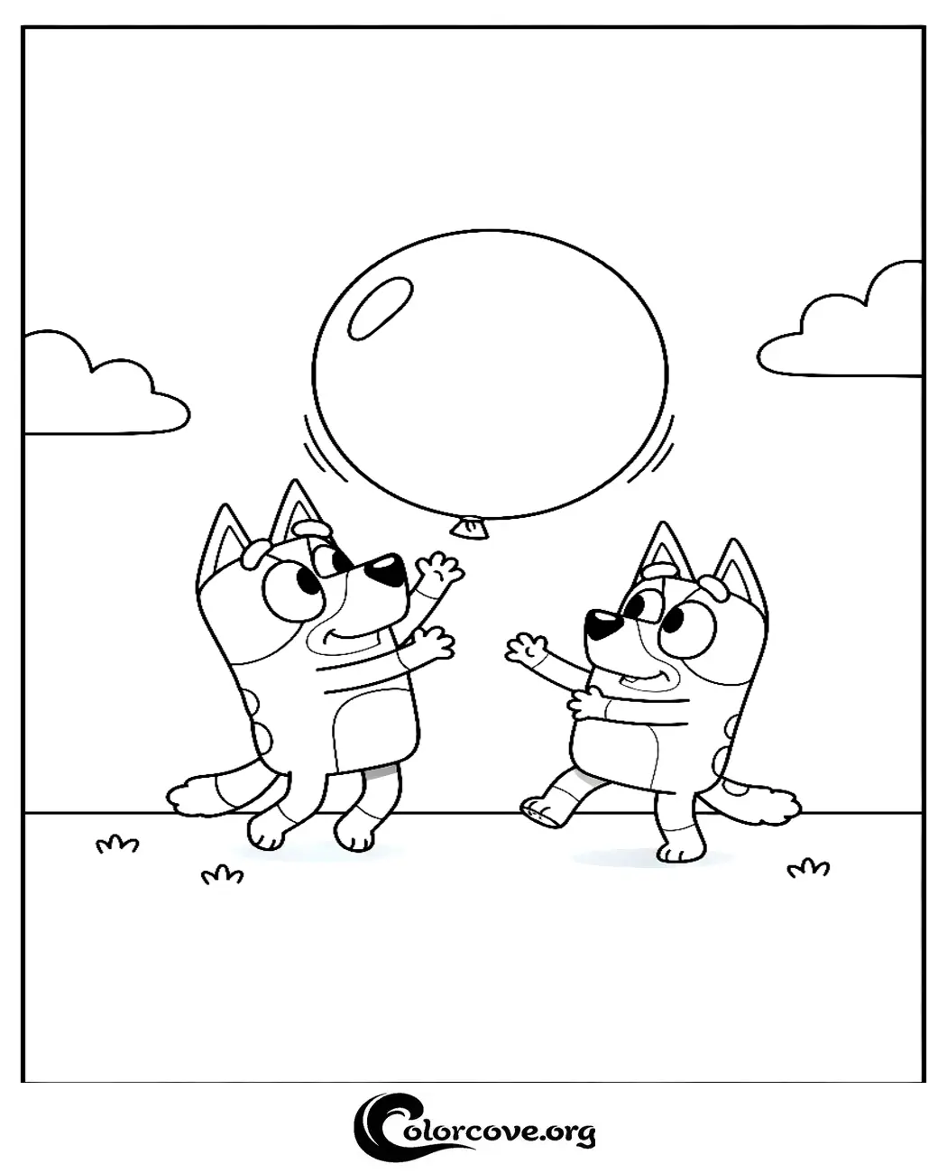 Bring the fun home with this free, printable Bluey and Bingo coloring page featuring the sisters playing with a balloon. Perfect for quick entertainment, simply download and print this adorable scene in seconds!
