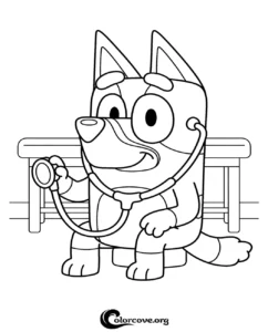 A printable Bluey coloring page featuring the character playing doctor with a stethoscope for kids to color.